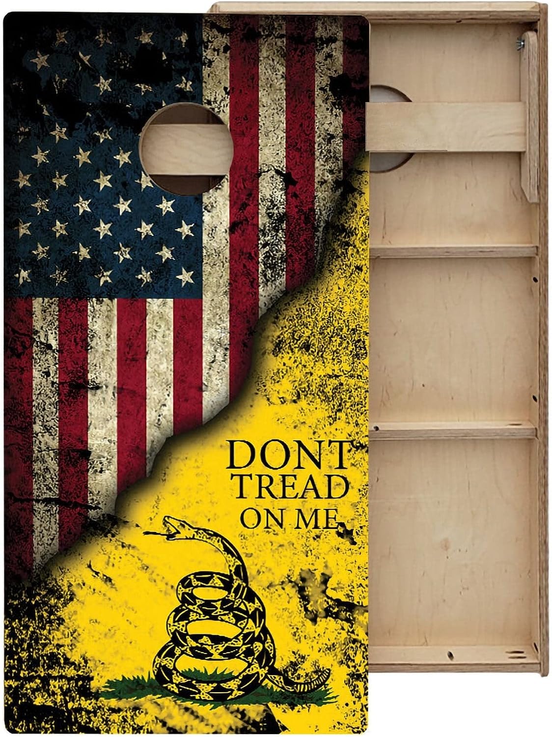 Skip's Garage Don't Tread On Me Themed All-Weather Cornhole Boards - Includes (2) Boards (NO Bags) + (1) Carry Case, (2) Hole Lights & (2) Edge Lights