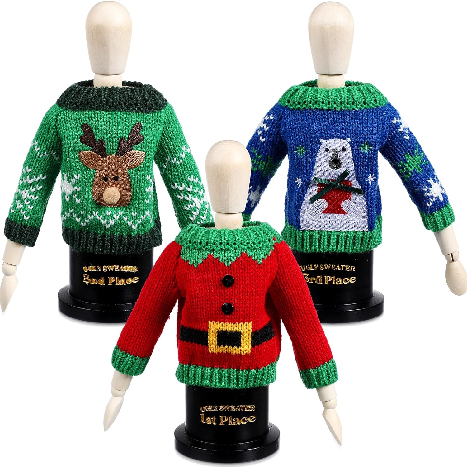 Soaoo 3 Pcs Wooden Sweater Award in Sweater Christmas Themed Ugly Sweater Contest Trophy Doll Trophy for Christmas Party Game Party Supplies