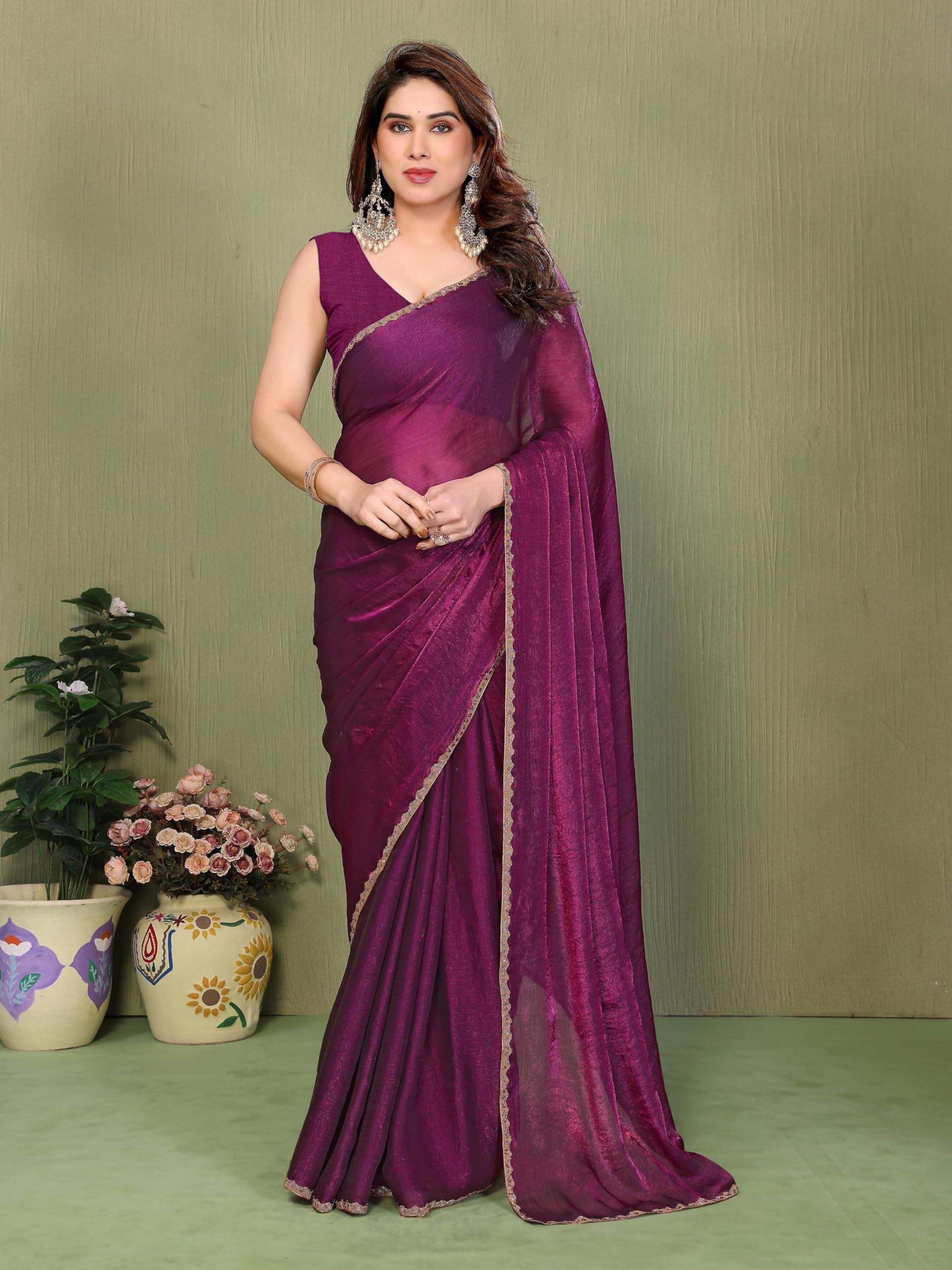 Shiv Textiles Women's Fendi Lace Border Saree(S-103-WINE)