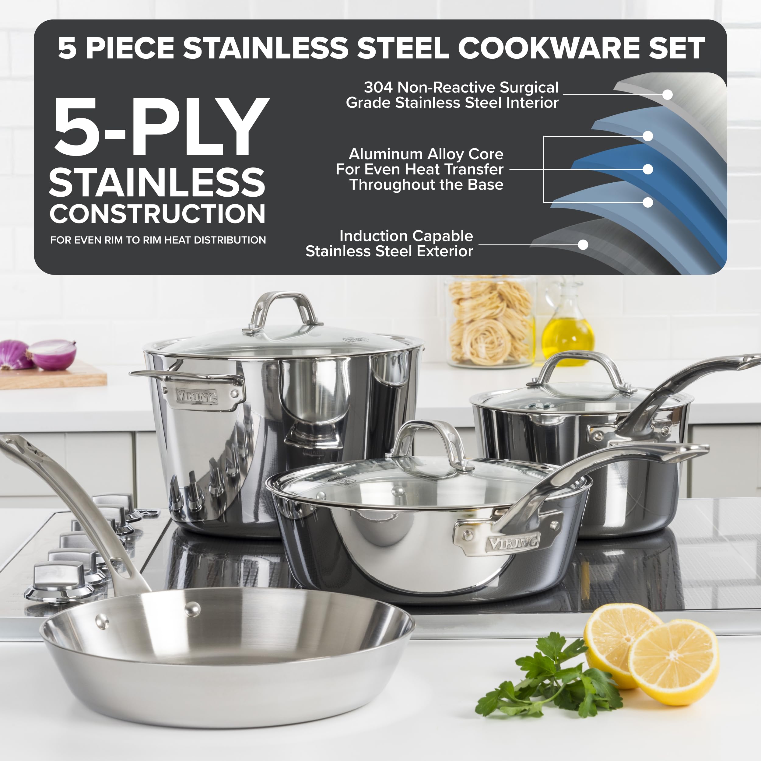 Viking 5-Ply Pots and Pans Set, 5 Piece Stainless Steel Kitchen