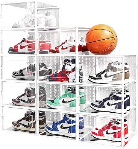 Paquete de 12 cajas de almacenamiento de zapatos, organizador de zapatos apilable de plástico transparente para armario, soportes plegables para