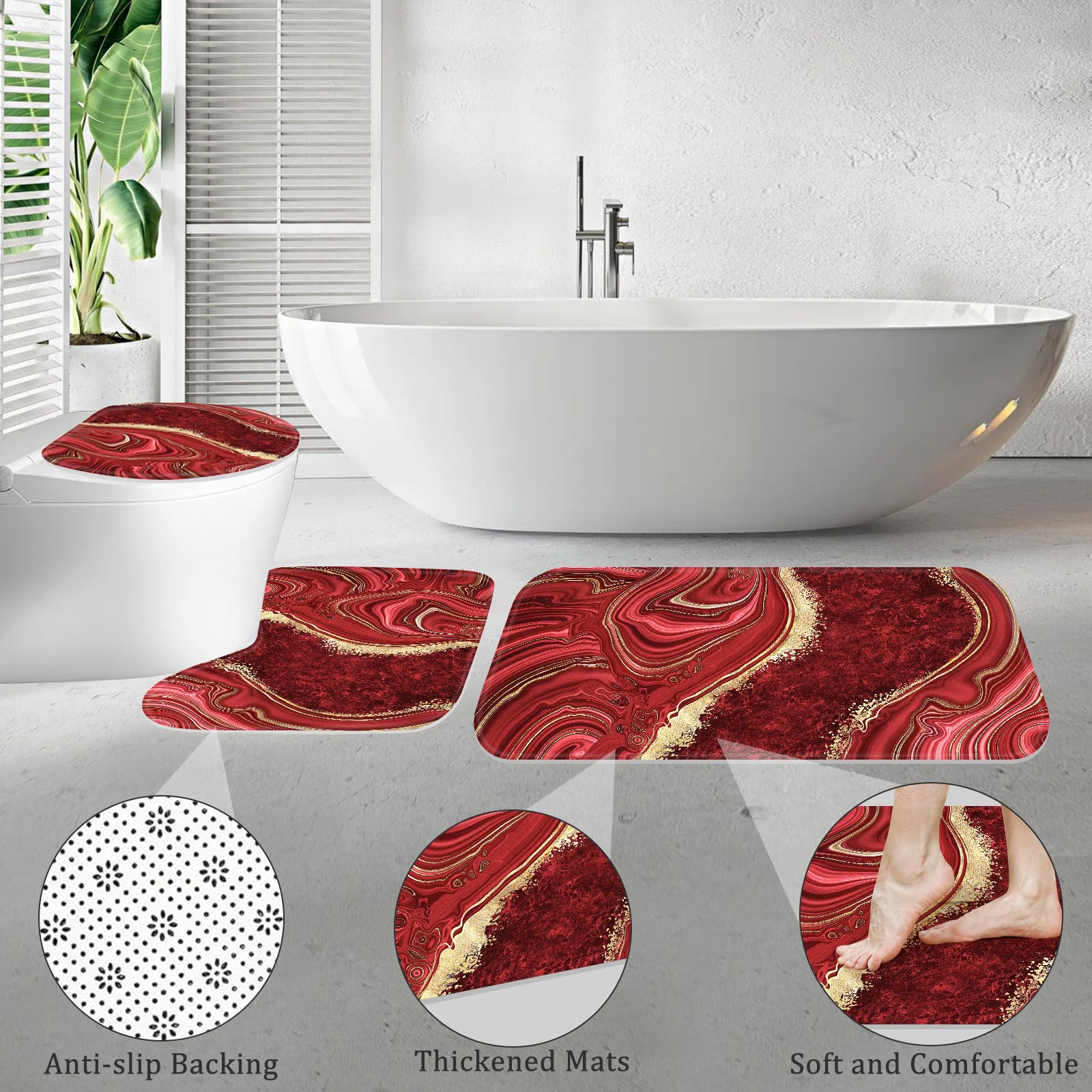 Juego de 4 cortinas de ducha de mármol rojo con alfombras, juegos de baño abstractos con cortina de ducha y alfombras, juego de cortinas de baño modernas con tapa de inodoro, accesorios para 5