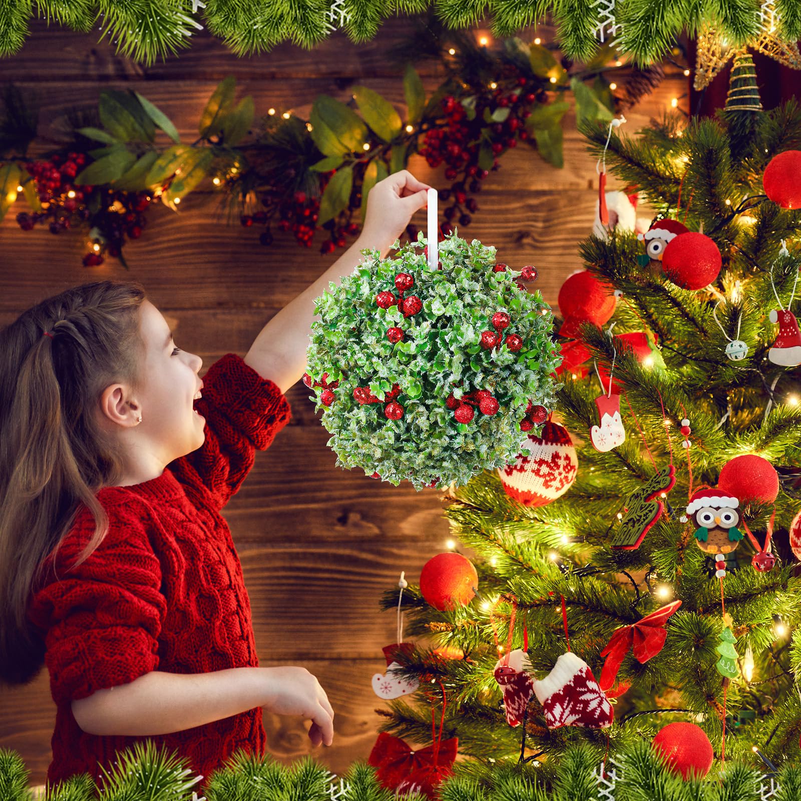 Blueweenly Weihnachtliche Mistelzweig-Ornament, groß, künstlich, Mistelzweig, küssende Kugel, Glitzer, Weihnachtsbaumdekoration, hängende Mistelzweig, für Weihnachtsbaum, Türdekoration (20,3 cm,