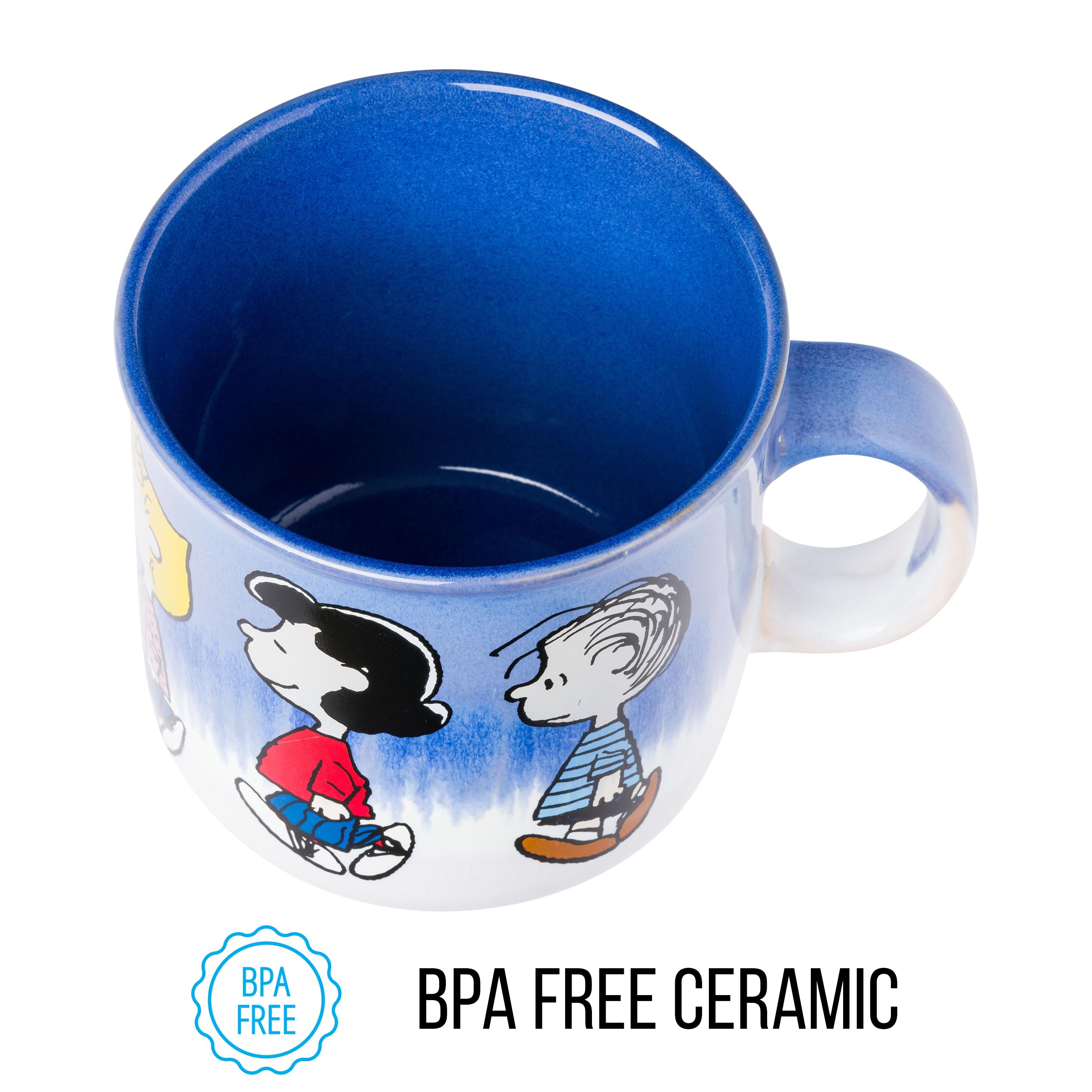 Silver Buffalo Peanuts Reactive Glaze Ceramic Camper Mug Featuring Charlie Brown, Lucy, Sally, Woodstock, and Linus, 20 Ounces