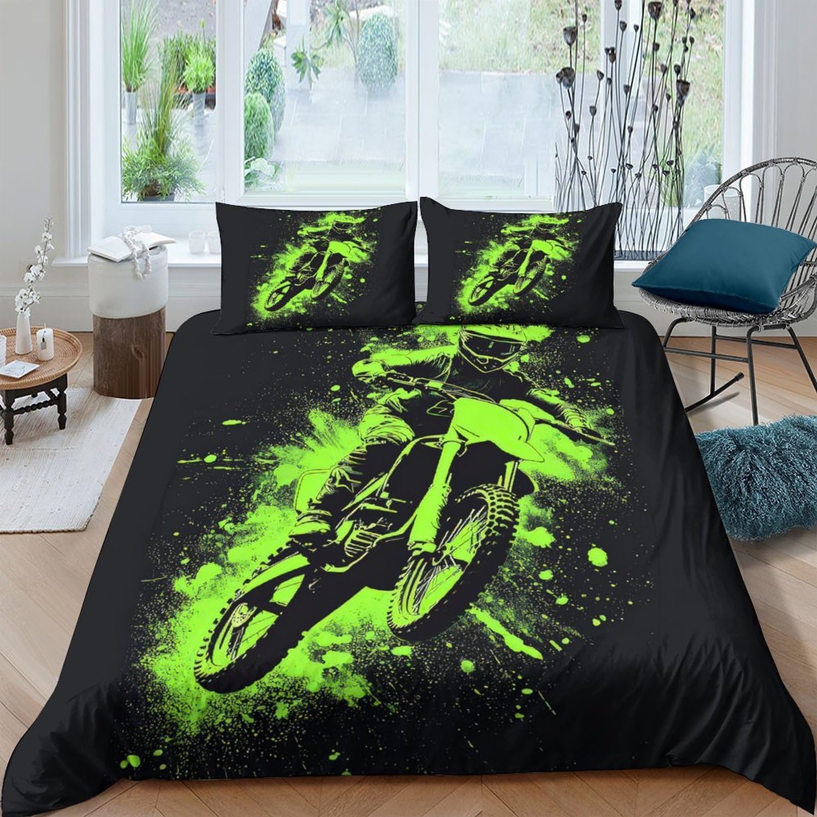 Ctjqhvkz Style-8 3D Printed Neon Green Bmx Bike Fitted Sheet Microfiber Soft Bedroom Decor Splash Art Mattress Cover For Home Dorm Single（135X200cm）