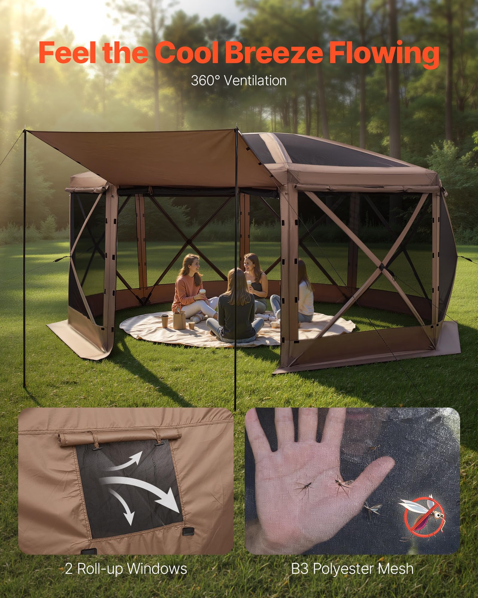 VEVOR Namiot przeciw owadom pawilon Pop-up 4,57 x 4,57 m, składany namiot z moskitierą dla 12–15 osób, 8 stron, na kemping dla rodziny, na taras, ogród, ze zdejmowanym dachem, torba transportowa