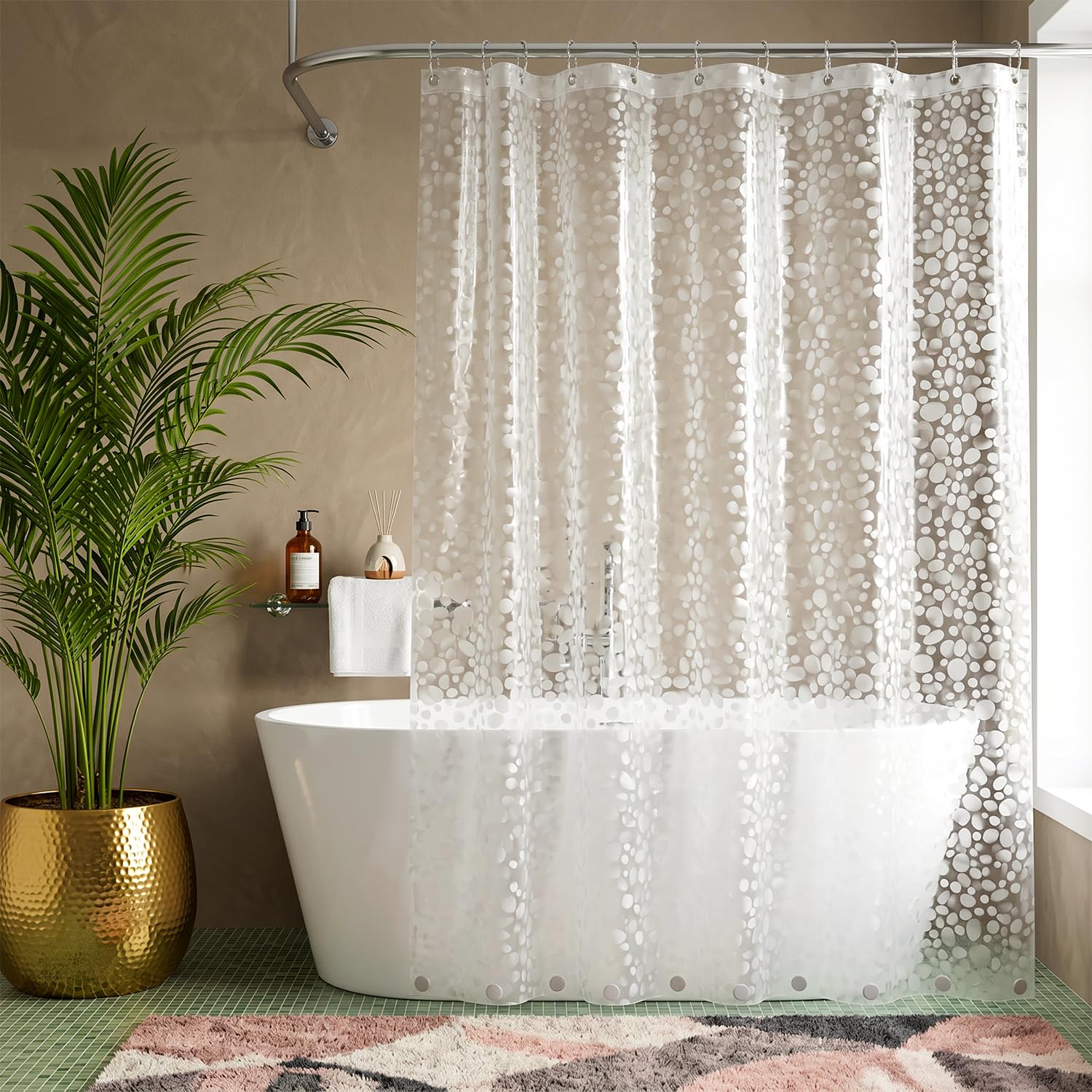 VIROSA Dotted Clear Shower Curtain 180 x 180cm – Anti Mould & Mildew Resistant Waterproof Bath Curtain, Water Repellent PEVA Shower Screen with Reinforced Header & Rustproof Hooks for Bathroom
