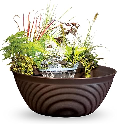 Aquascape AquaGarden Container Water Feature Kit – Indoor & Outdoor Mini Pond with Waterfall Fountain, Pump & Filtration for Home & Patio, Brown
