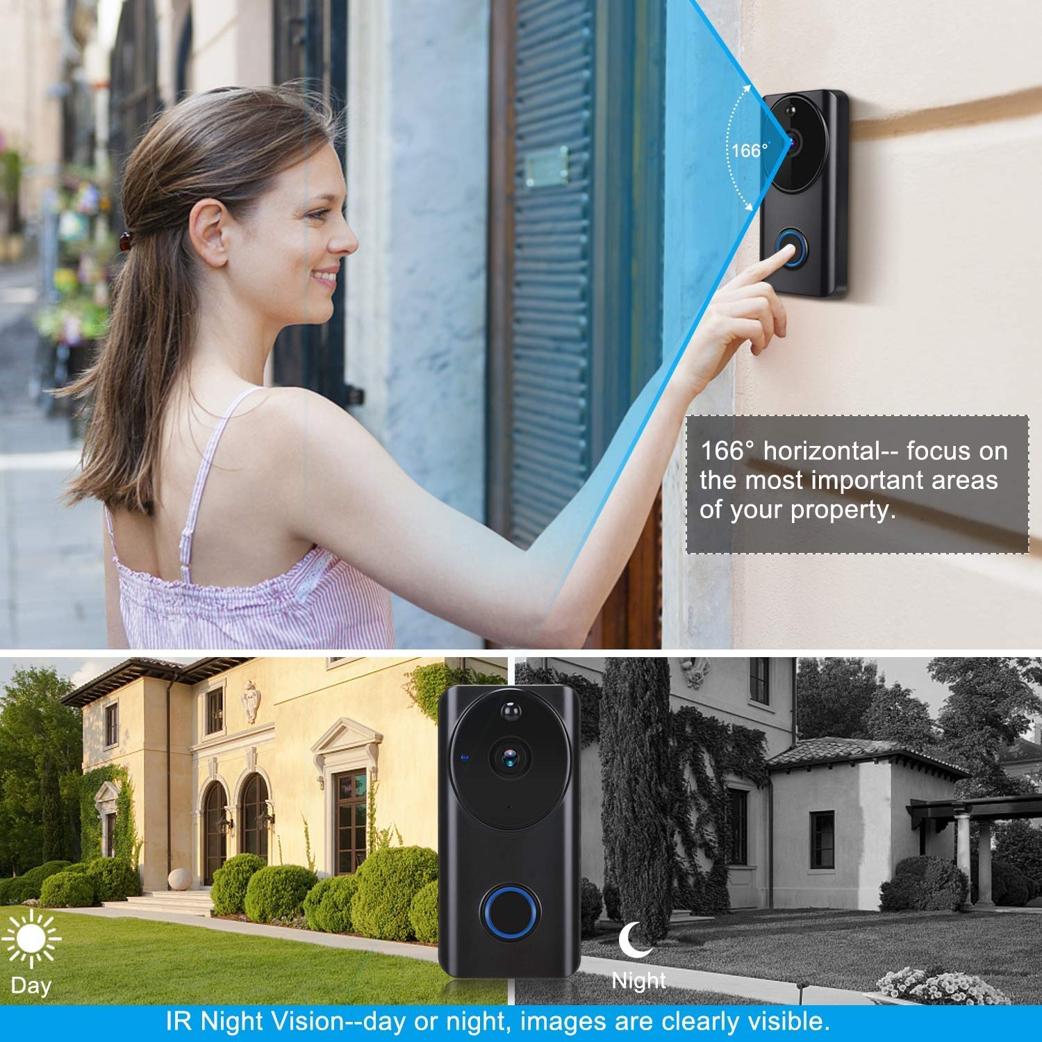 Timbre de Video, (Timbre inalámbrico de la Puerta WiFi, 720P HD, 166 Grados, Gran Angular, función de interfono, Sensor de Movimiento, Resistente al Agua, para iOS y Android)