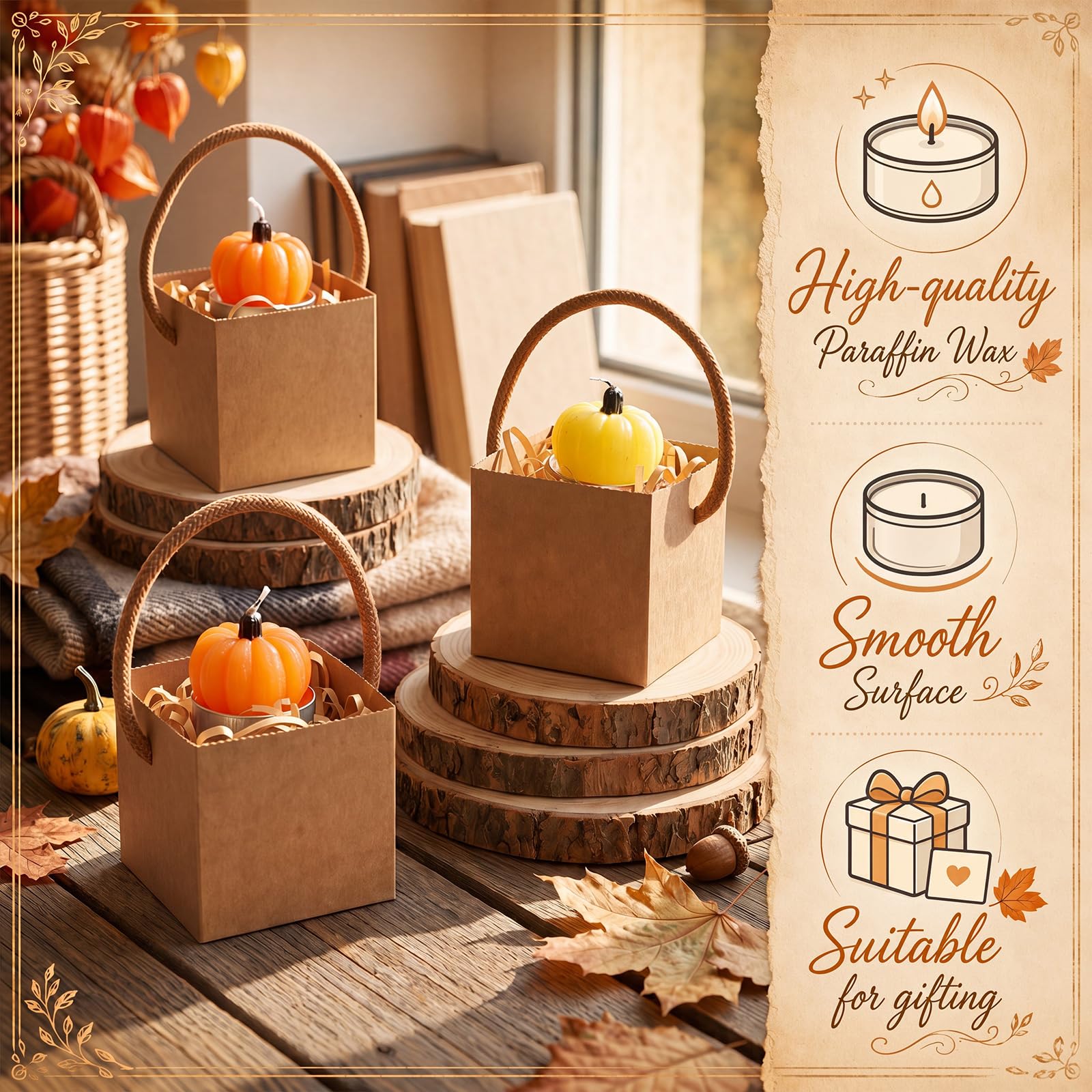 MTLEE Juego de 24 velas con forma de calabaza de otoño con bolsas de papel kraft y relleno de rafia, vela de cera de soja y calabaza naranja, regalo de Acción de Gracias, Halloween, para mujeres