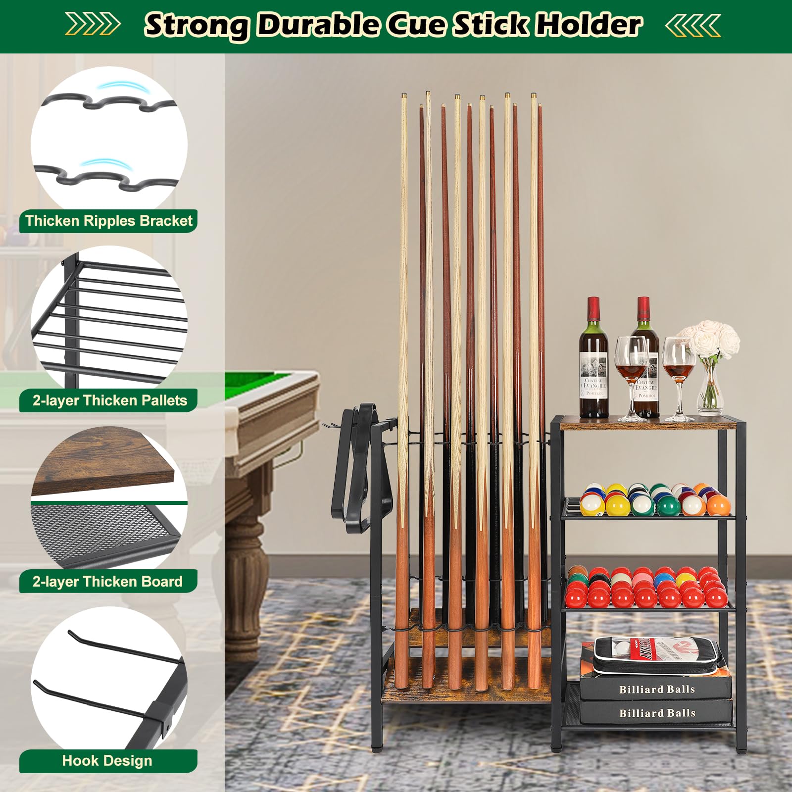 Bikoney Porta Stecche da Biliardo a Pavimento per Fino a 12 Bastone, Biliardo da Tavolo con Spazio per Palline, Grande Supporto Bastoncini da Biliardo di Accessori per Tavolo da Biliardo