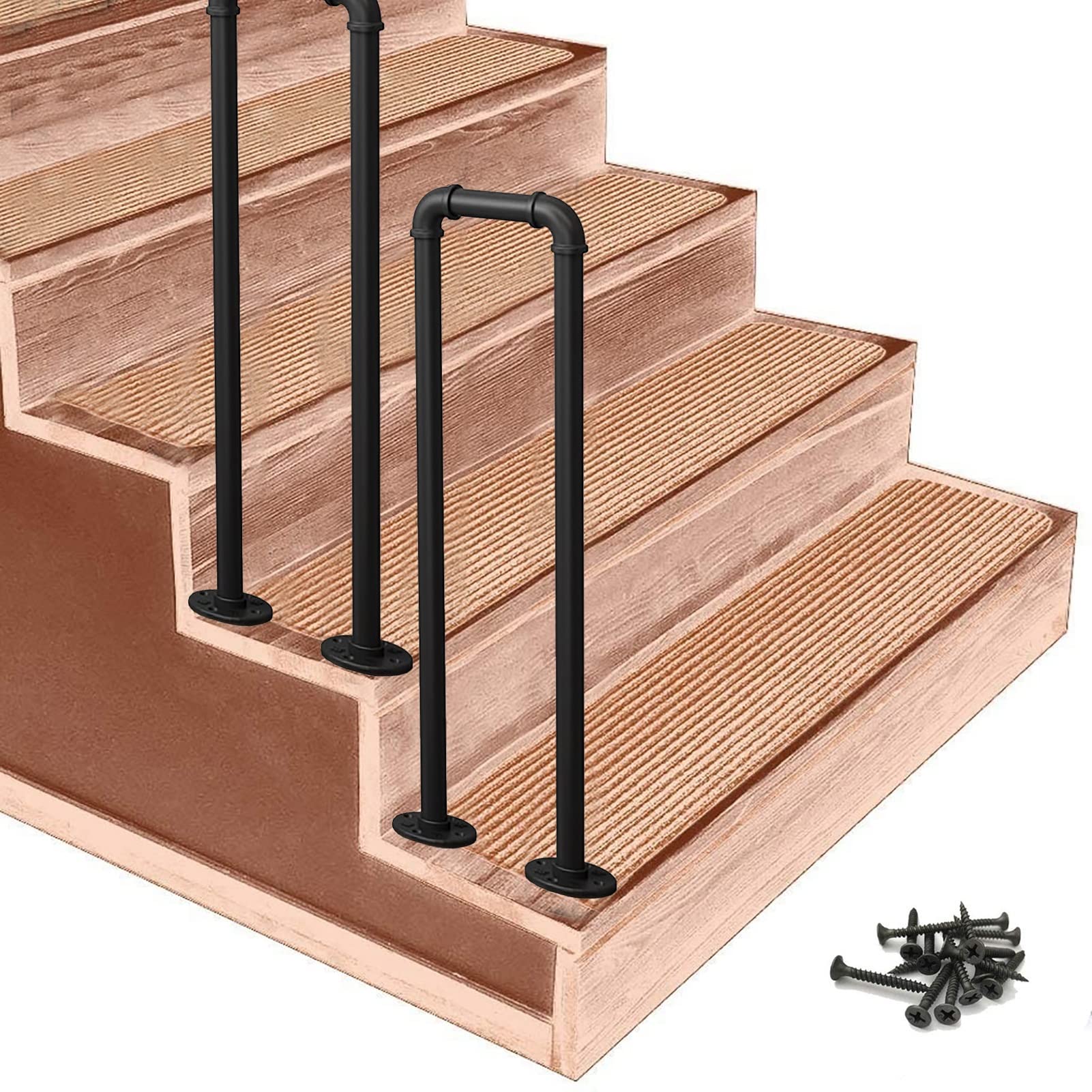 KHLMSRXJ Outdoor Steps Stair Handrails, Matte Black Transitional Handrail for Exterior Step Handrail Picket Fits 1 Steps Stair Rail Wrought Iron Hand Rails Railing/35Cm(1.1Ft)