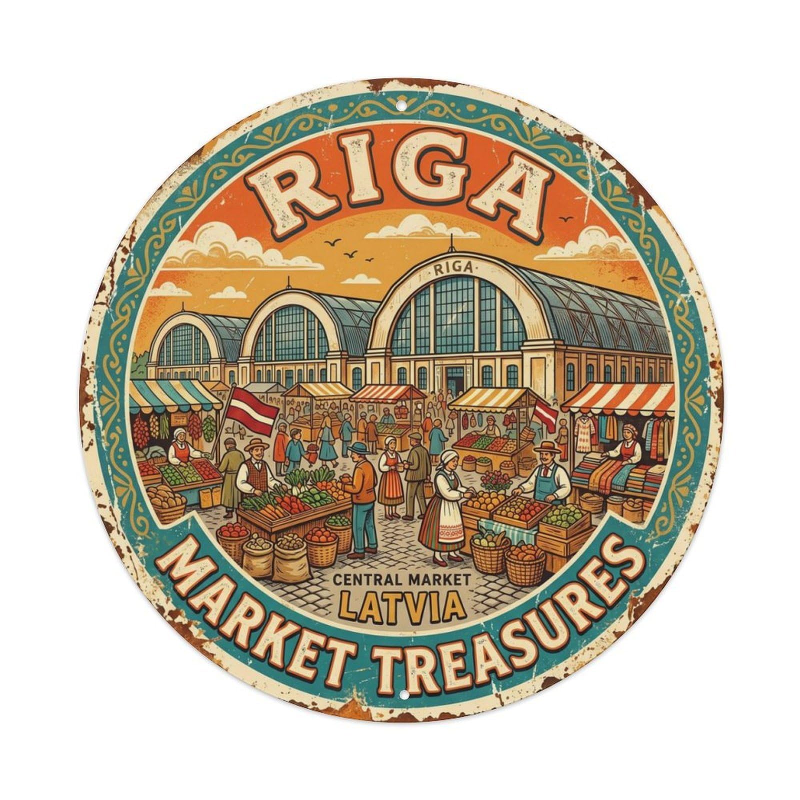 Vintage Travel Riga Market Square Metal Tin Sign Plaque Wall Decor for Cafe, Club, Garden Round Metal Poster 8x8Inch