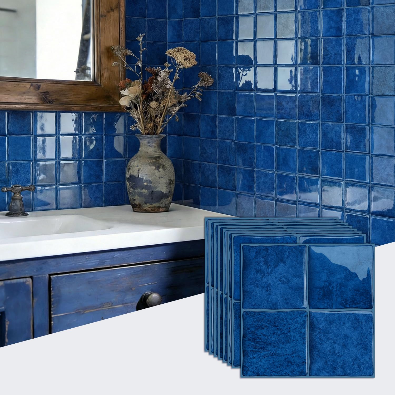 Alwayspon 15x15cmx10Pcs 3D Self Adhesive Wall Tile Sticker Transfers, Peel and Stick Adhesive Waterproof Splashback Stick on Tile Decals for Kitchen Bathroom Wall, Retro Blue
