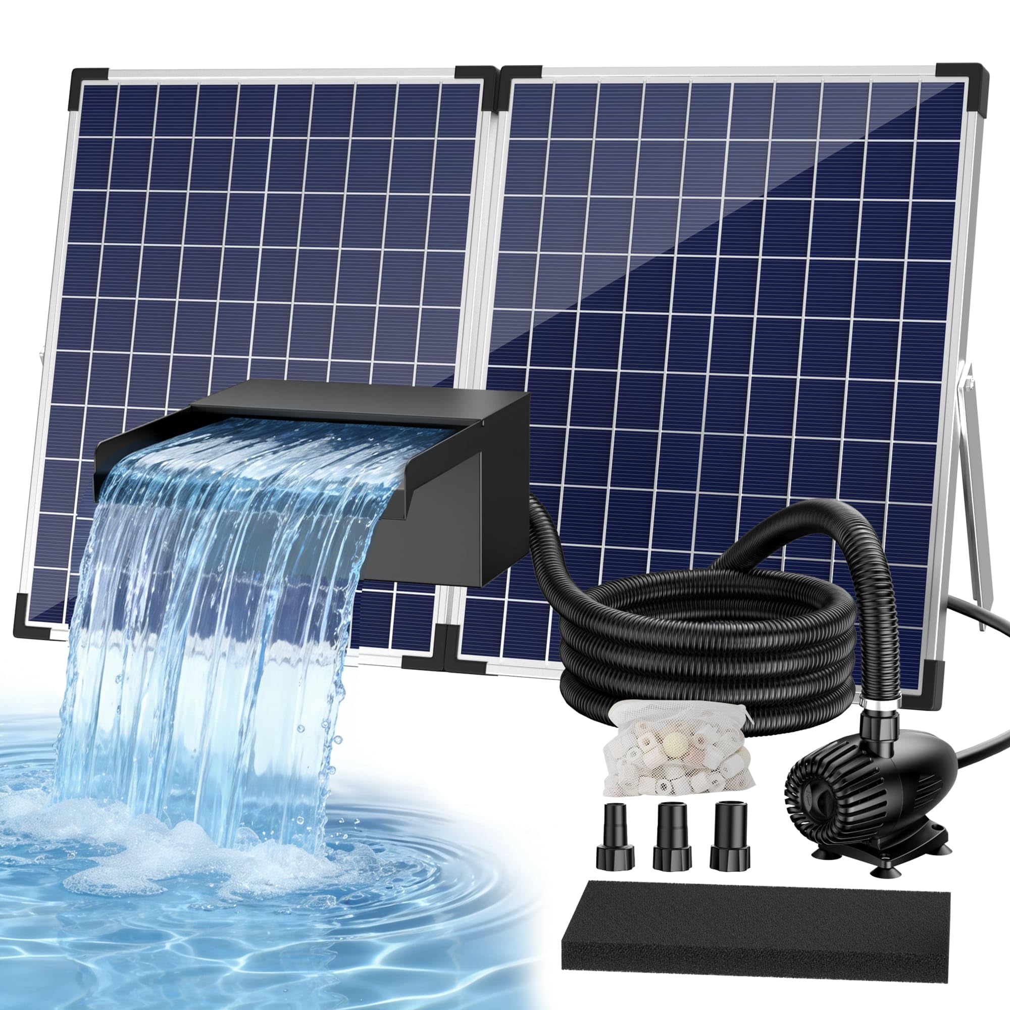 Biling 50W Solarowy zestaw wodospadowy ze stali nierdzewnej kompletny z pompą i filtrem 40W 2100L/H 20 cm wodospad do stawu ogrodowego, stawu z rybami Koi, basenu kąpielowego, dekoracja ogrodu