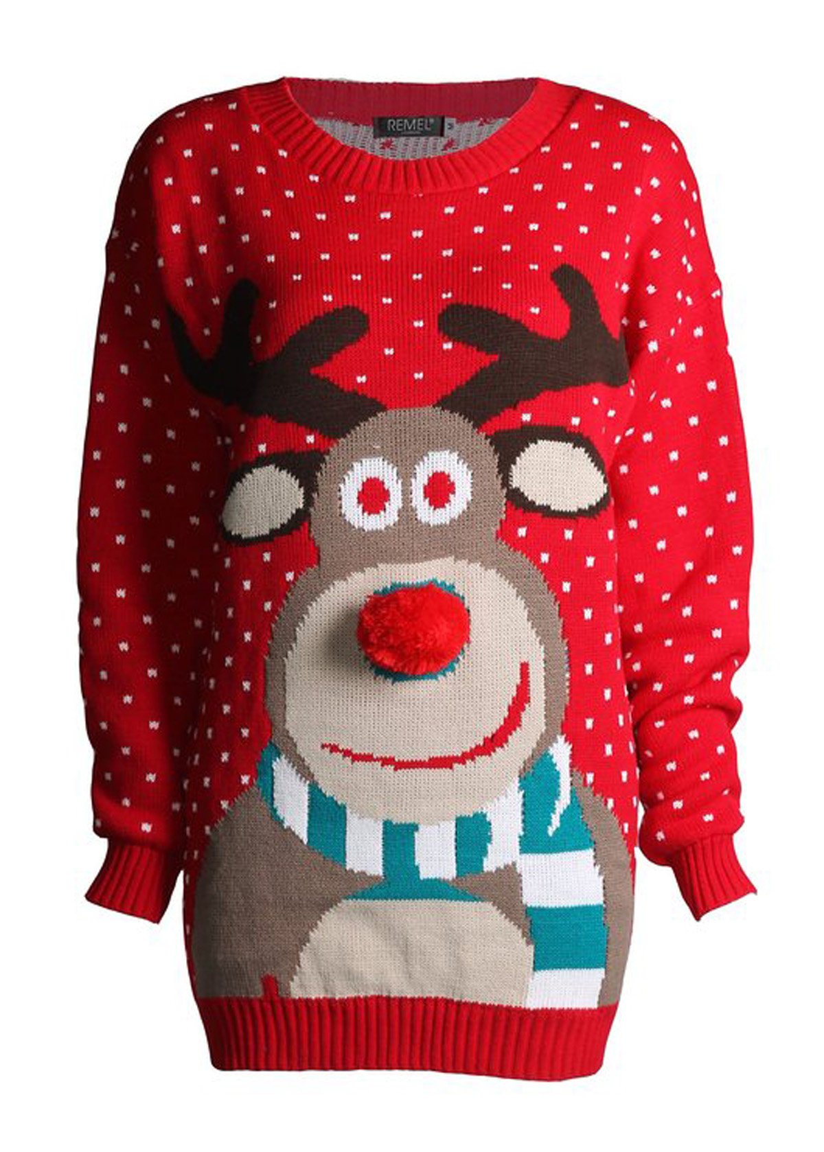 Christmas Novelty Reindeer Fairisle Snowflake Knitted Xmas Jumper Sweater, Red, Medium