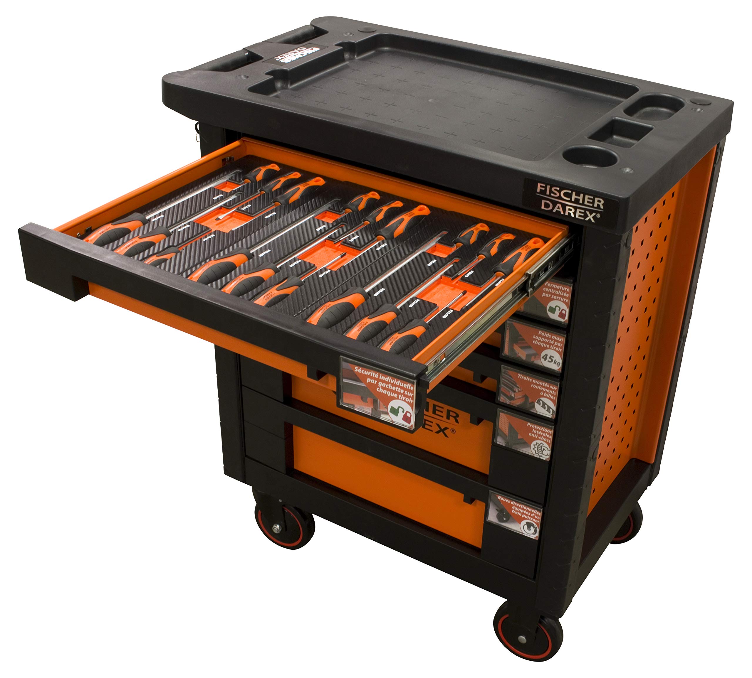 FISCHER DAREX Servante d'atelier equipée de 18 outils 810496 Orange/Noire