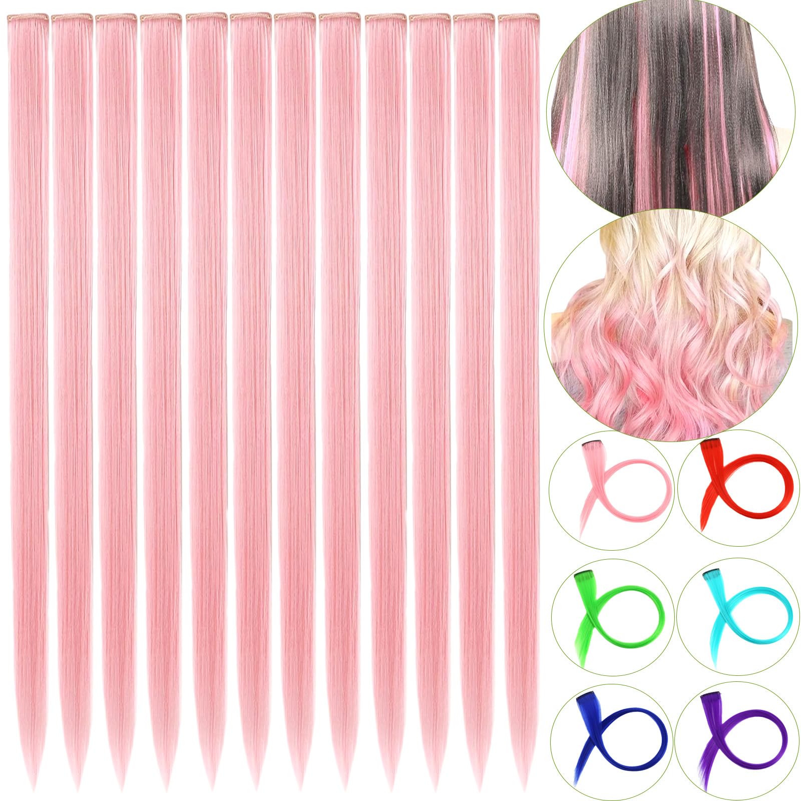 12 PCS Pink Hair Extensions Clip in, 22" Colored Highlights, Synthetic Straight Hair Piece DIY Accessories for Daily Party