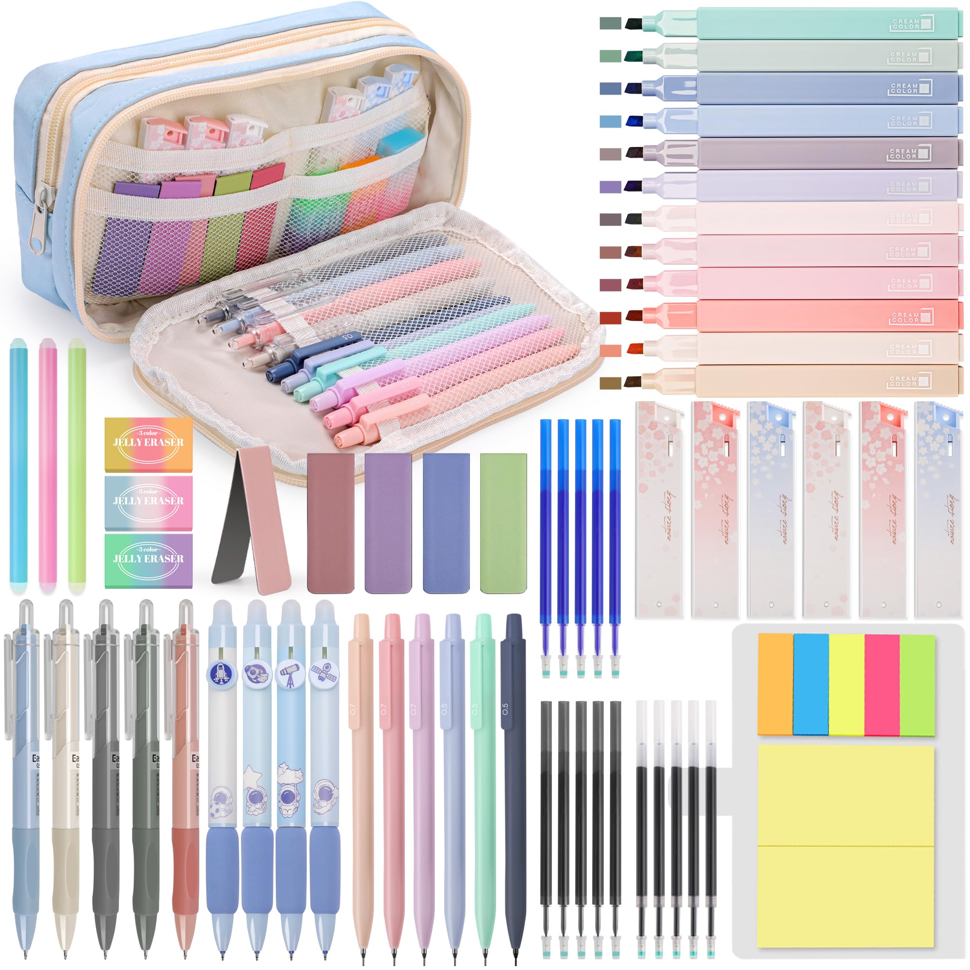 61 PCS Aesthetic School Supplies with Cute Pen Case, Pastel Highlighters, Gel & Erasable Pens, Mechanical Pencils, Refills, Complete Essentials Stationery Kit for Students (Blue)