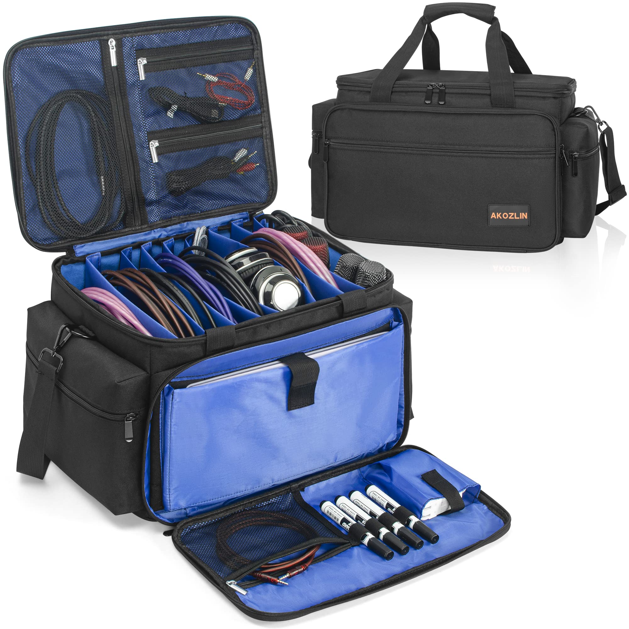 AKOZLIN Borsa per file da DJ con divisori staccabili e tasche inferiori per cavi per musicisti, borsa da viaggio per laptop da 15", attrezzatura professionale per DJ, strumenti audio e accessori per