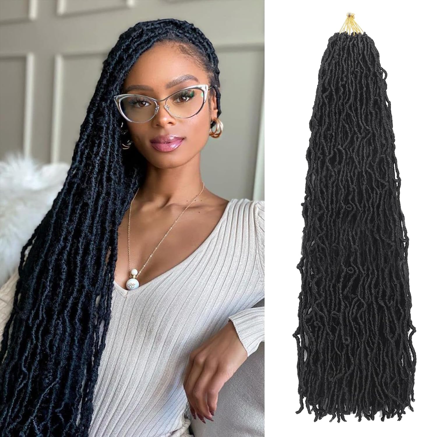 Faux Locs Crochet Hair 7 Packs Soft Locs Crochet Hair Pre Looped Goddess Locs Dreadlocs Synthetic Hair For Black Women (1B（Black#）, 24 Inch (Pack of 7))