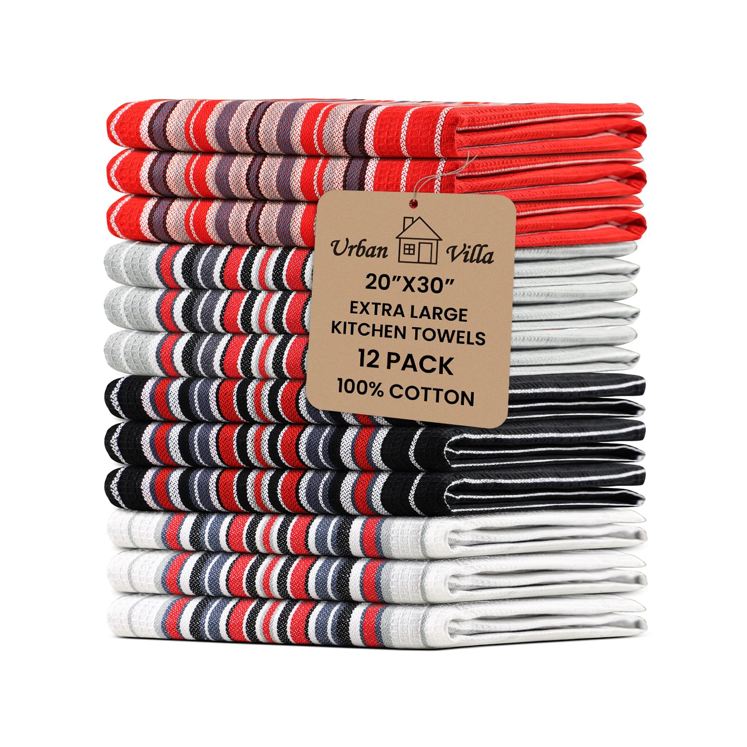 Urban Villa Kitchen Towels (20x30 Inches 12 Pack) Extra Large Premium Salsa Stripes Dish Towels for Kitchen Dish Cloths Highly Absorbent 100% Cotton