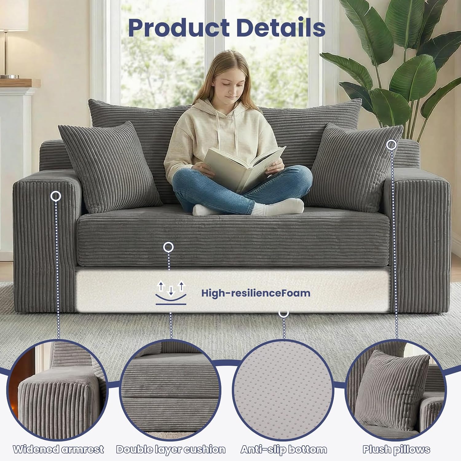 3-in-1 Convertible Sofa Bed: Boneless Loveseat Sleeper & Folding Couch Bed with 4 Pillows & Detachable Cushion for Bedroom, Small Space, Guest and Living Room, Corduroy Futon, No Assembly,Grey