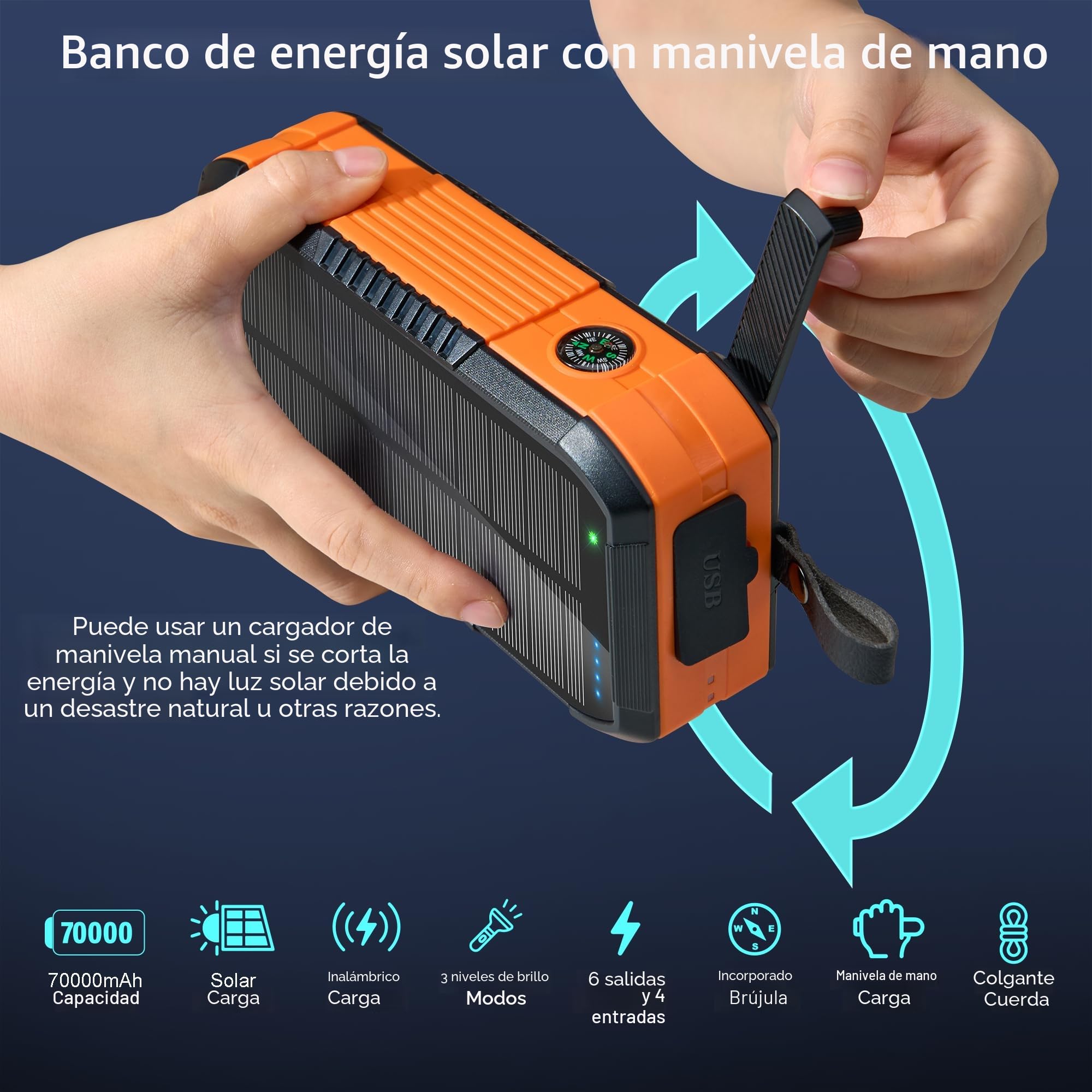 70000mAh Power Bank Solar con 30W Carga Inalámbrica: Batería Externa de Gran Capacidad con 6 Salidas, Carga Rápida USB C Linterna LED, Brújula y Manivela Manual, para Campingal