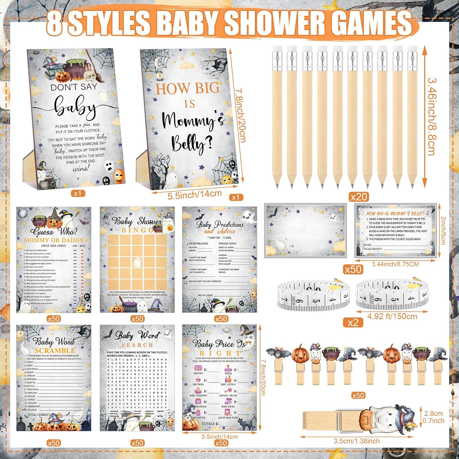 426 Pcs Halloween Baby Shower Games Set-8 Games, Includes Baby Shower Bingo, Price Is Right, Guess Who, Word Scramble, Prediction and Advice, How Big Is Mommy's Belly, Don't Say the Words