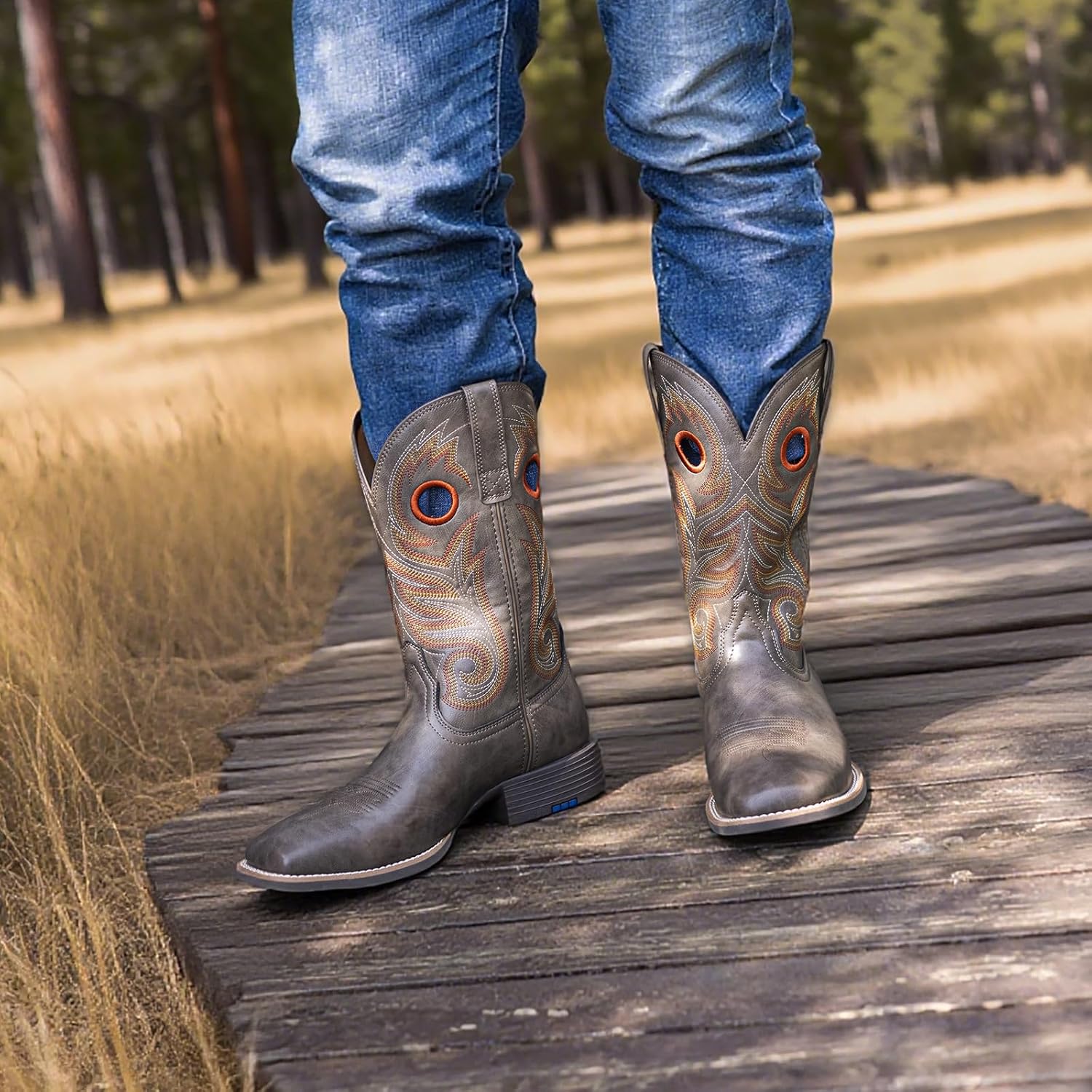 Cowboy Boots for Men Classic Square Toe Embroidered Western Boots Comfortable Milk Silk Lining Slip Resistant Pull On Boots for Country Music Festivals Vegan Leather - Image 2