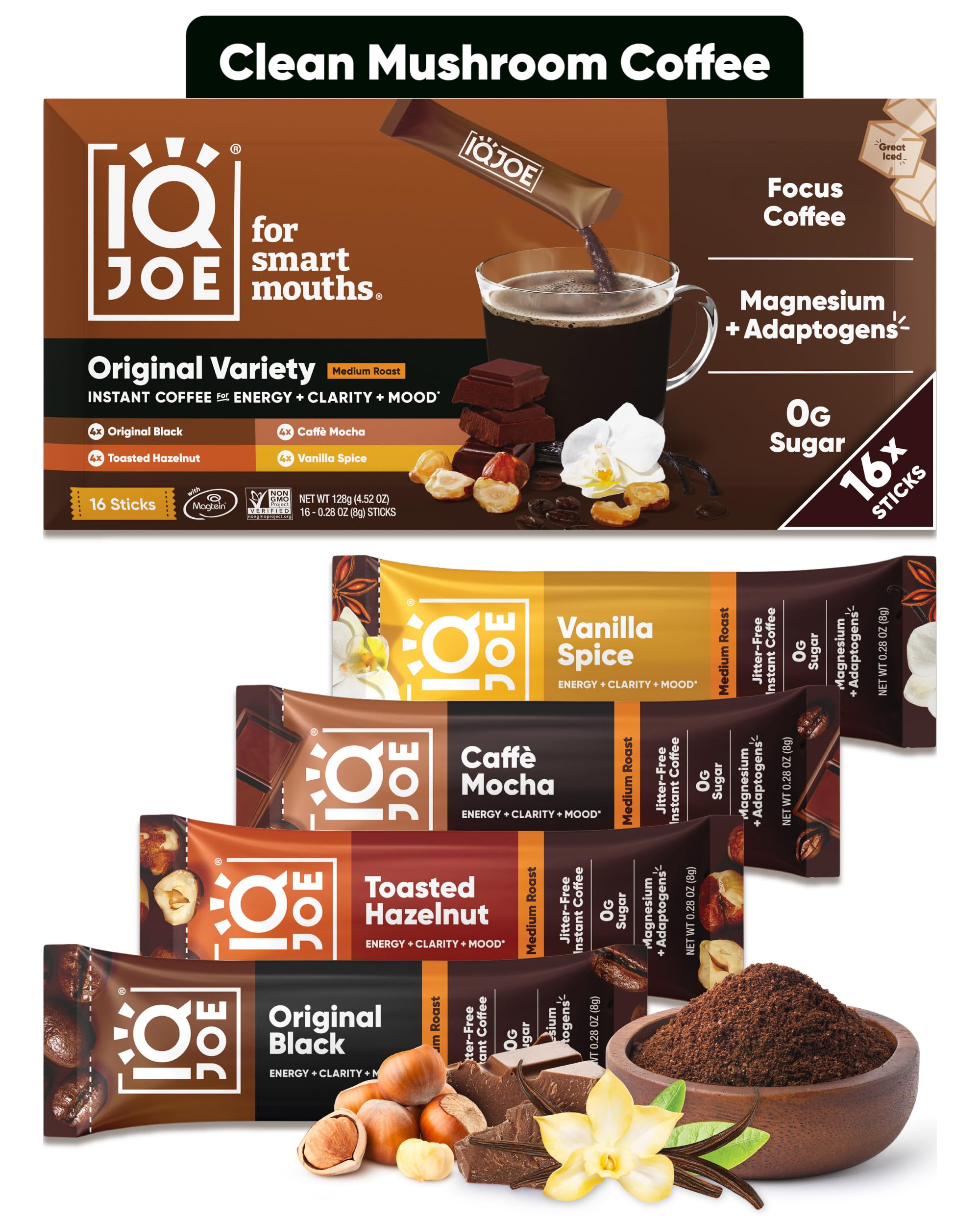IQJOE Mushroom Coffee Packets (16 Servings) Lion’s Mane, Magtein Magnesium, Antioxidants, Adaptogens - Variety Pack - Instant Coffee for Focus, Clarity, Mood, Energy Boost - Sugar Free, Keto, Vegan