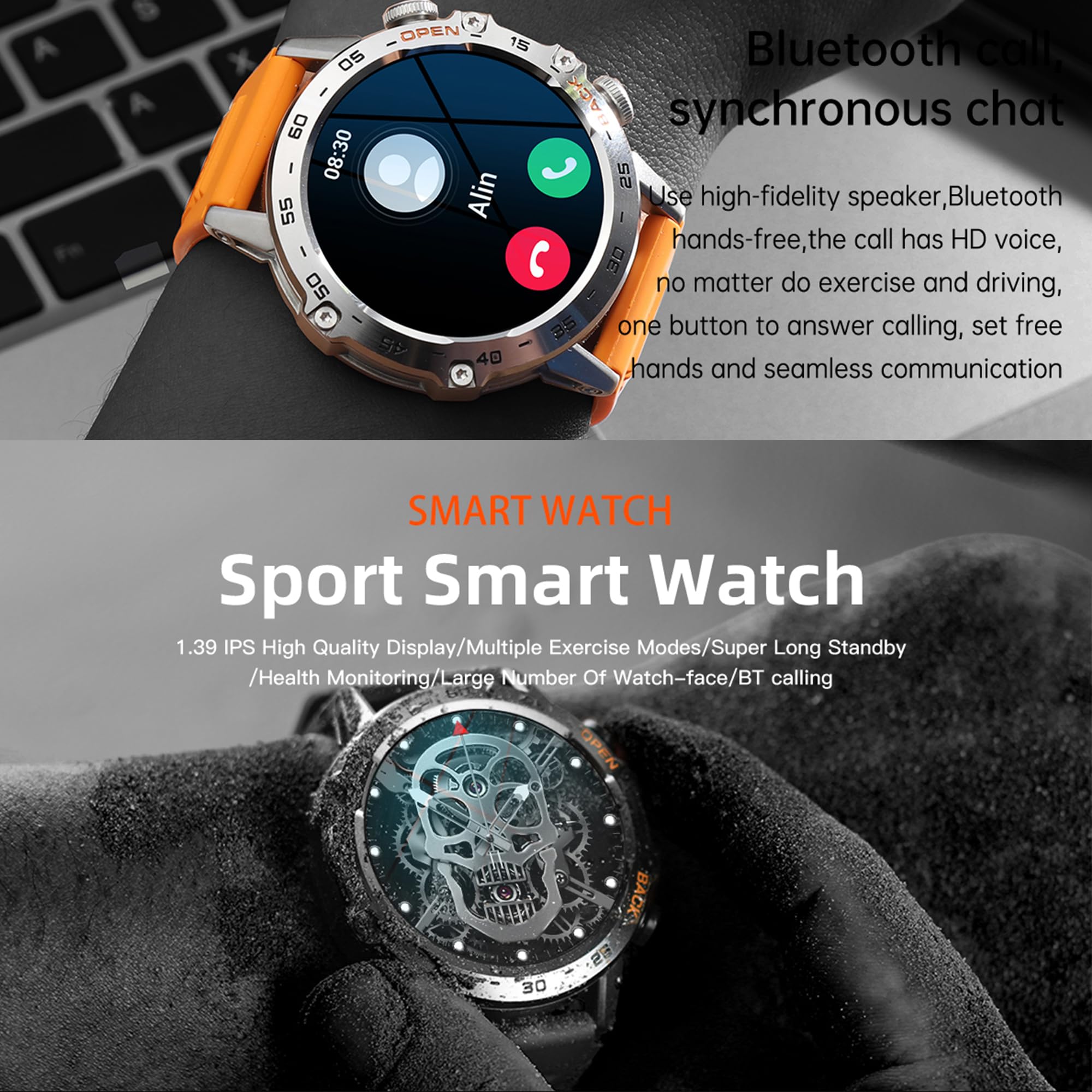 Smartwatch Uomo 1,39” AMOLED Chiamate e Risposta Bluetooth, 3 Bracciali, 123 Sport Smartwatch Cardiofrequenzimetro Pressione Sanguigna Monitoraggio del Sonno Orologio Fitness per Android iOS (Nero)