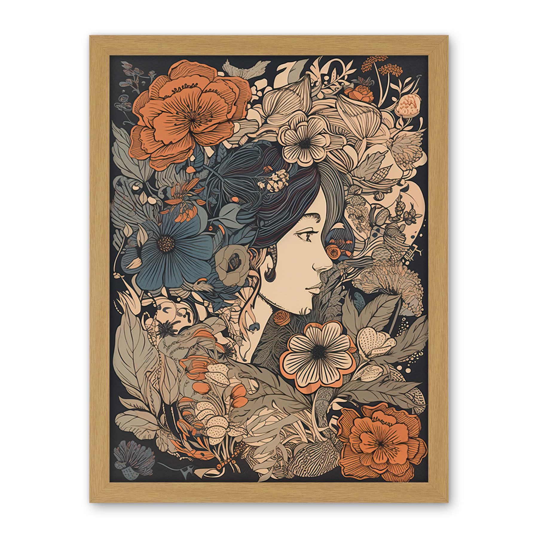 Artery8 Woman Floral Profile Portrait Boho Art Nouveau Artwork Framed Wall Art Print 18X24 Inch