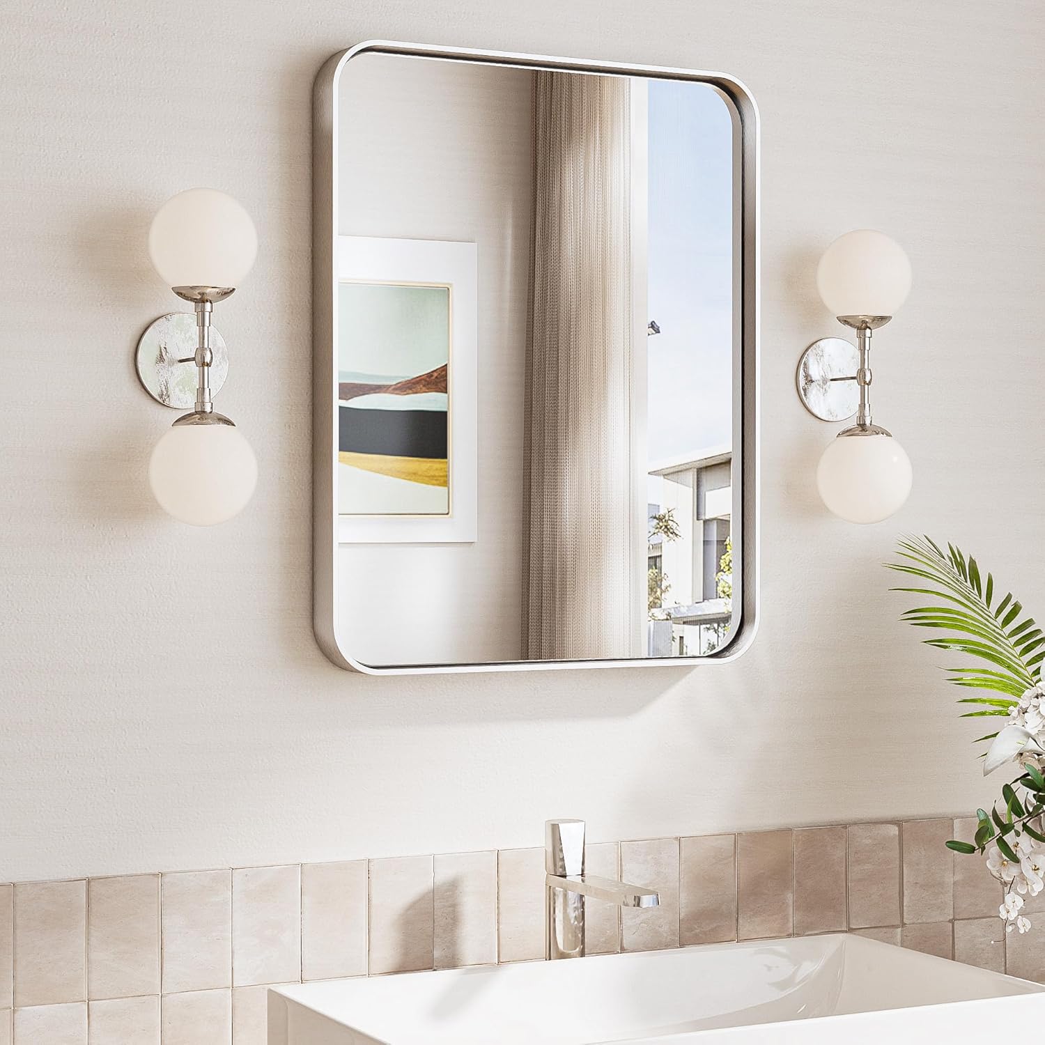 TokeShimi 16x20 Brushed Nickel Bathroom Mirror,Vanity Mirror Bathroom Wall with Tempered Glass,Modern Metal Framed Mirror with Aluminum Frame(Horizontal/Vertical) Brushed Nickel 20"L x 16"W