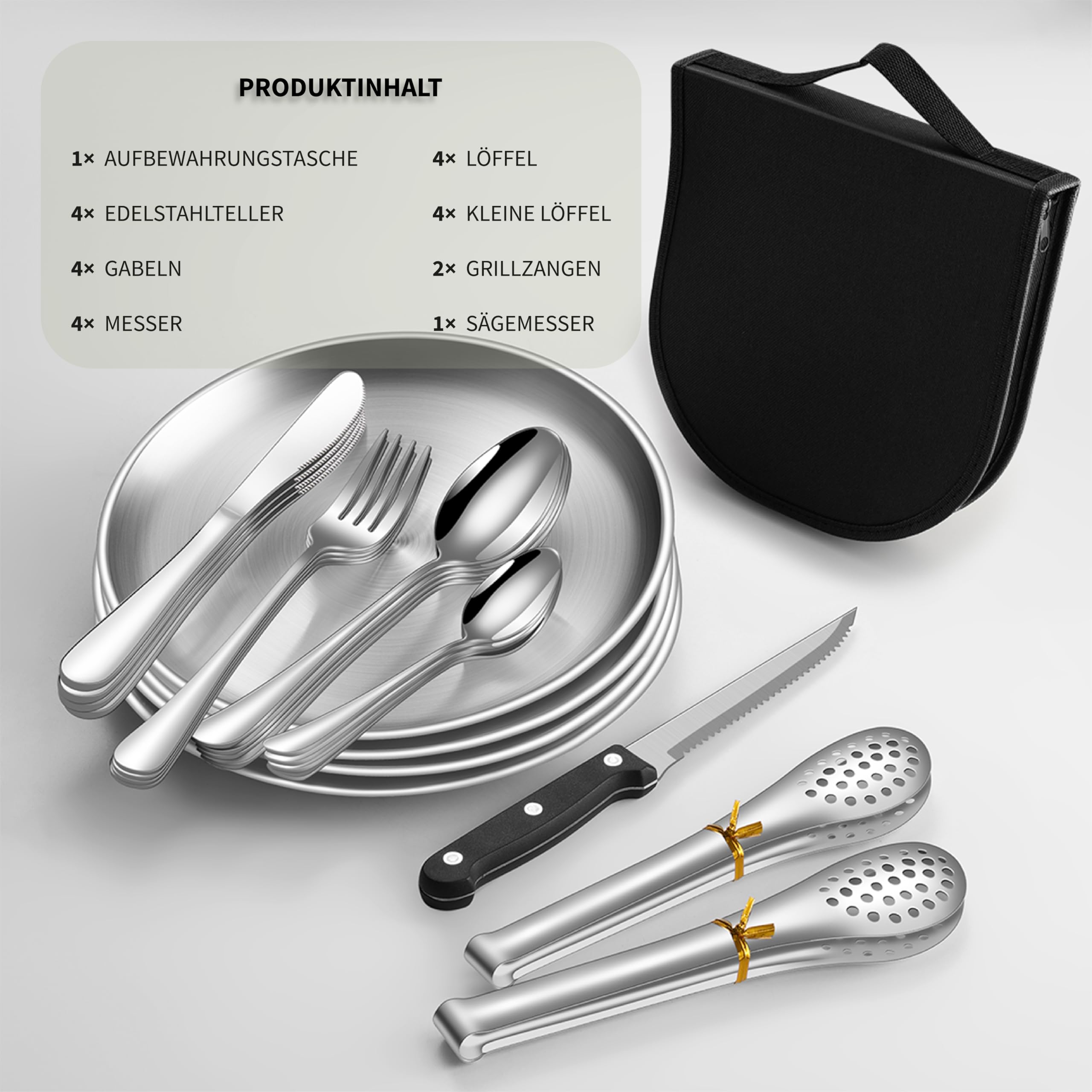 Camping Geschirr Set für 4 Personen – Besteckset mit Edelstahltellern, Gabeln, Messern und Löffeln – Tragbares Besteck für Outdoor, Picknick, Wohnmobil und Grillen. [23-teilig/Inkl. 4 Teelöffel]