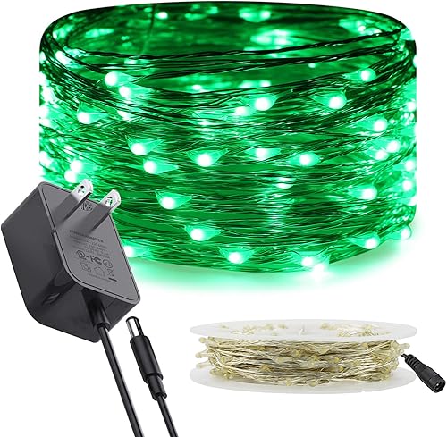 RUICHEN Guirnalda de luces de alambre plateado enchufable de 33 pies, 100 luces LED con carrete, verde