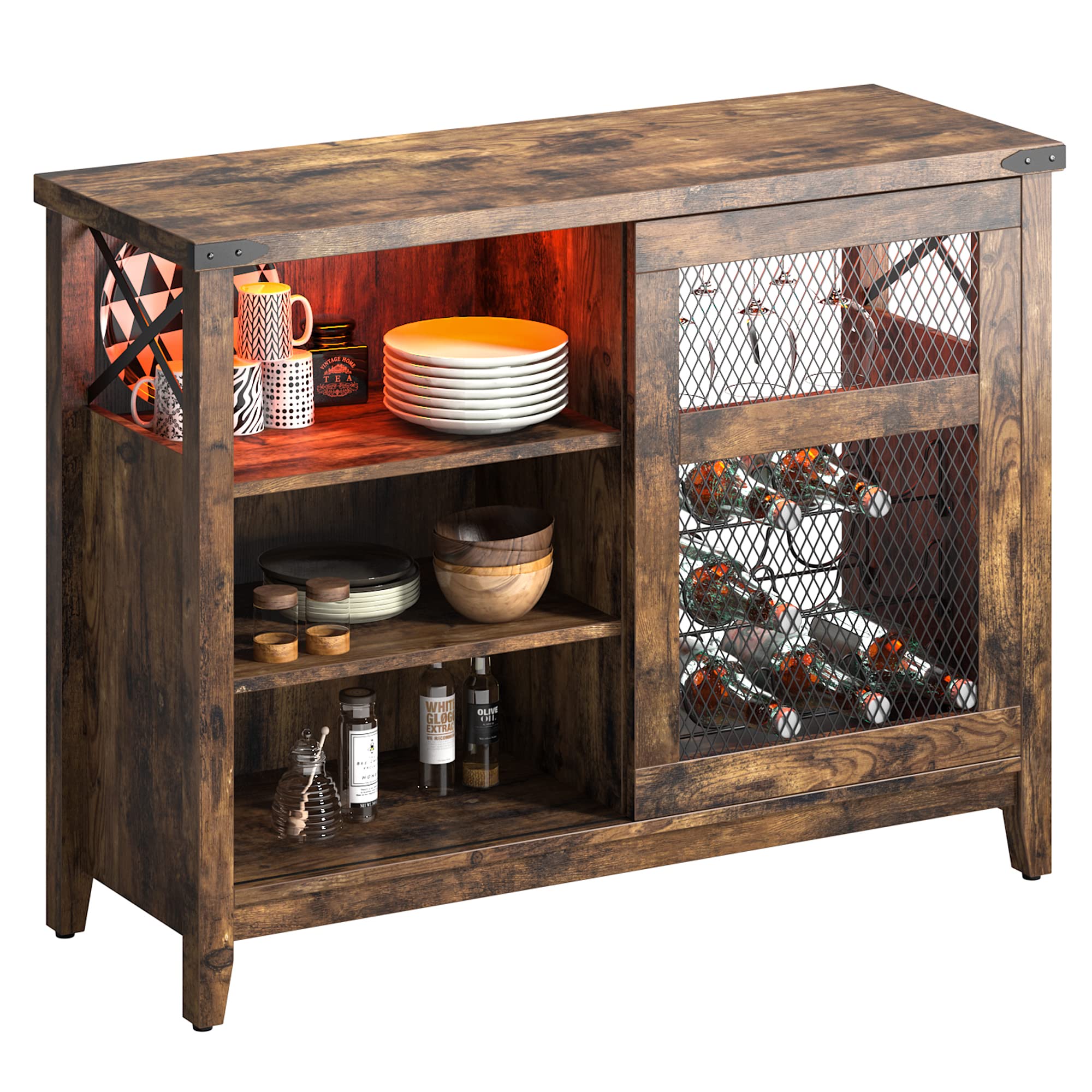 Bestier Wine Bar with Led Lights Mini Liquor Whiskey Hutch