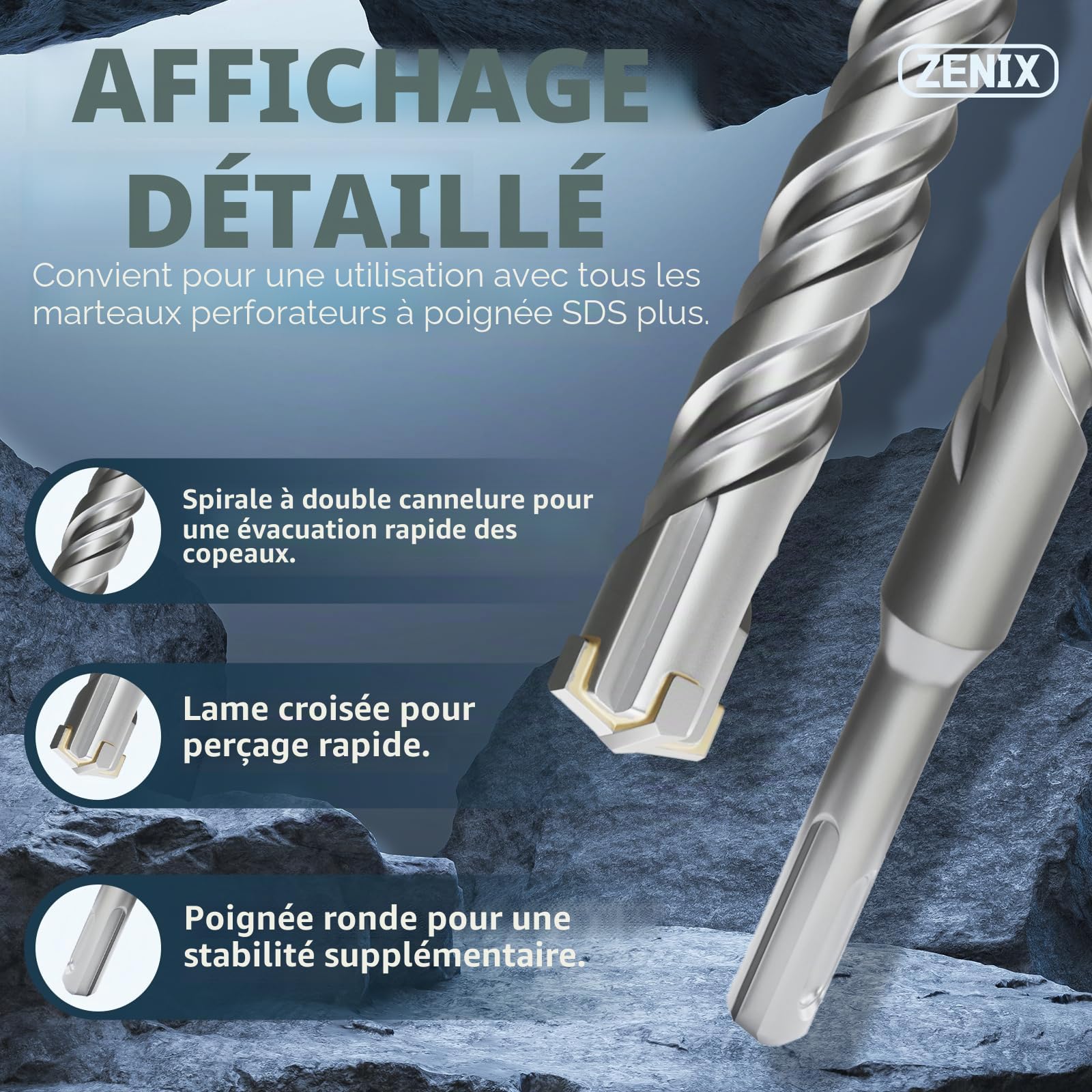 ZENIX Foret SDS Plus 32 x 600 mm – Foret à béton professionnel avec 4 tranchants – Idéal pour la pierre, la pierre naturelle, le mur de brique et le béton armé