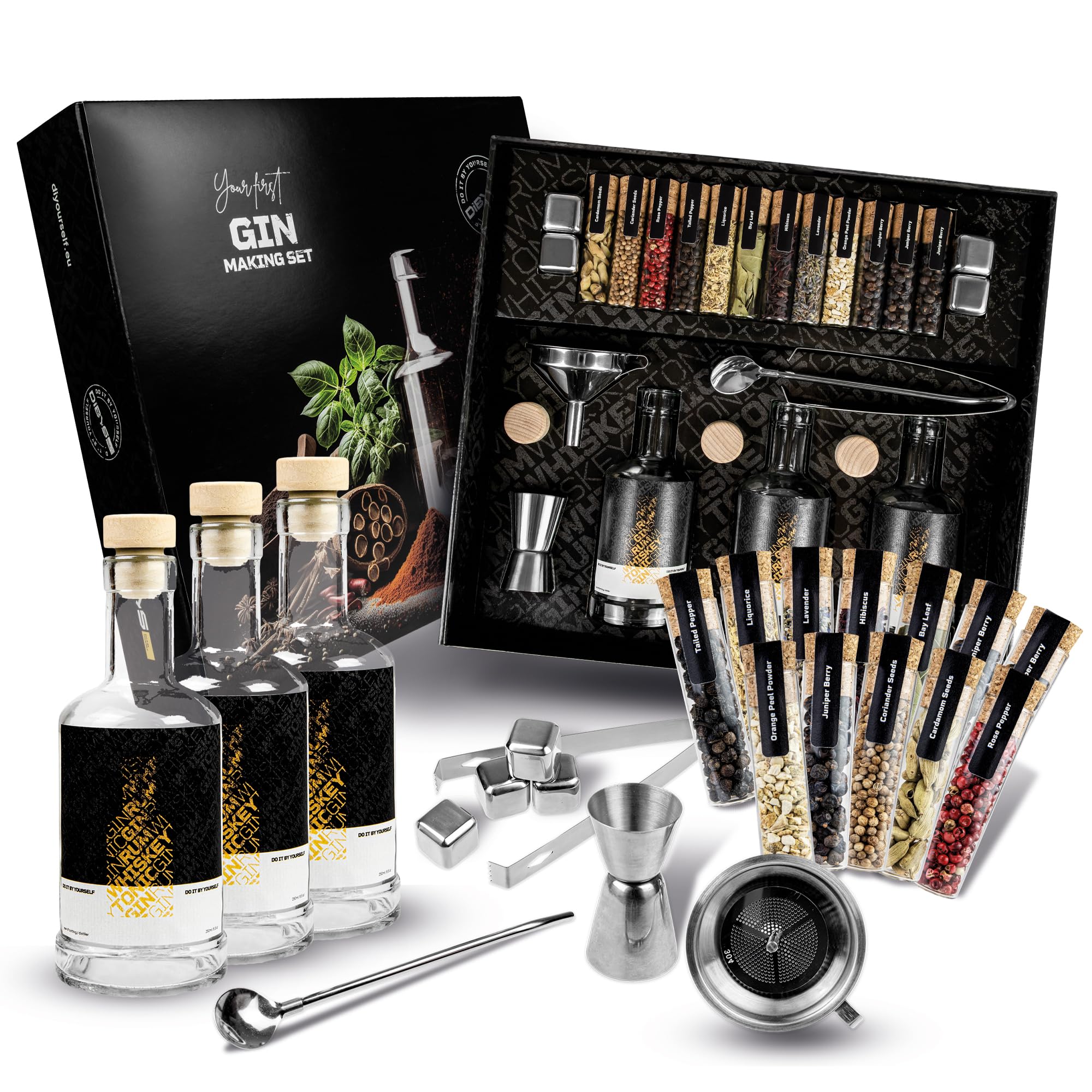 Gin-Baukasten für Anfänger mit 12 Botanicals & Zubehör - Gin selber Machen DIY-Set | 3 Glasflaschen, Trichter, Barlöffel + 4 Rezepte | Geschenkidee für Sie & Ihn zum Geburtstag & Weihnachten | DIBYS