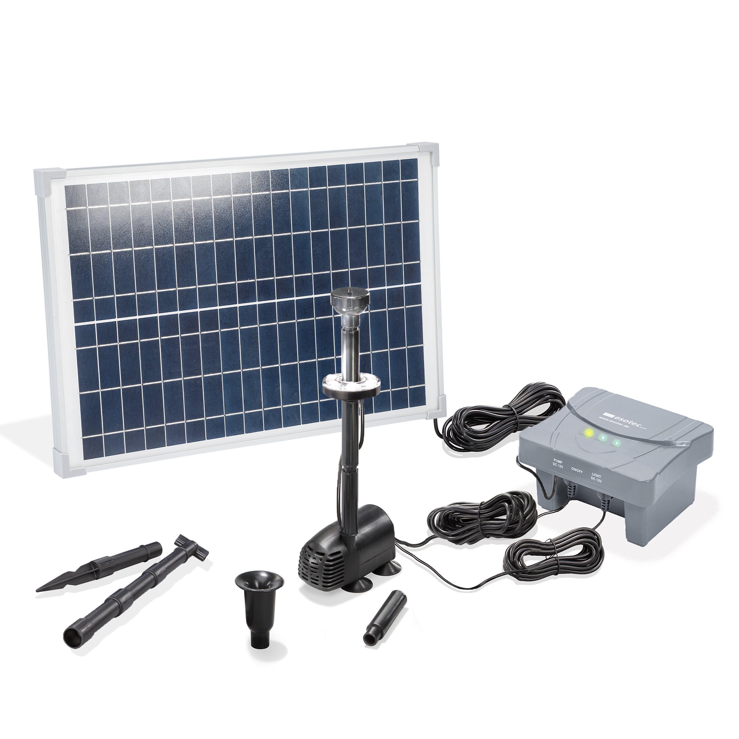 esotec Solar Teichpumpenset 25/700 LED, Teichpumpe mit Filter, außen Sprinklerpumpe 700l/h, LiFePo4 Akku, Solarmodul 25W, Solarbrunnen, Gartenteich Wasserspiel, Springbrunnenpumpe 101024