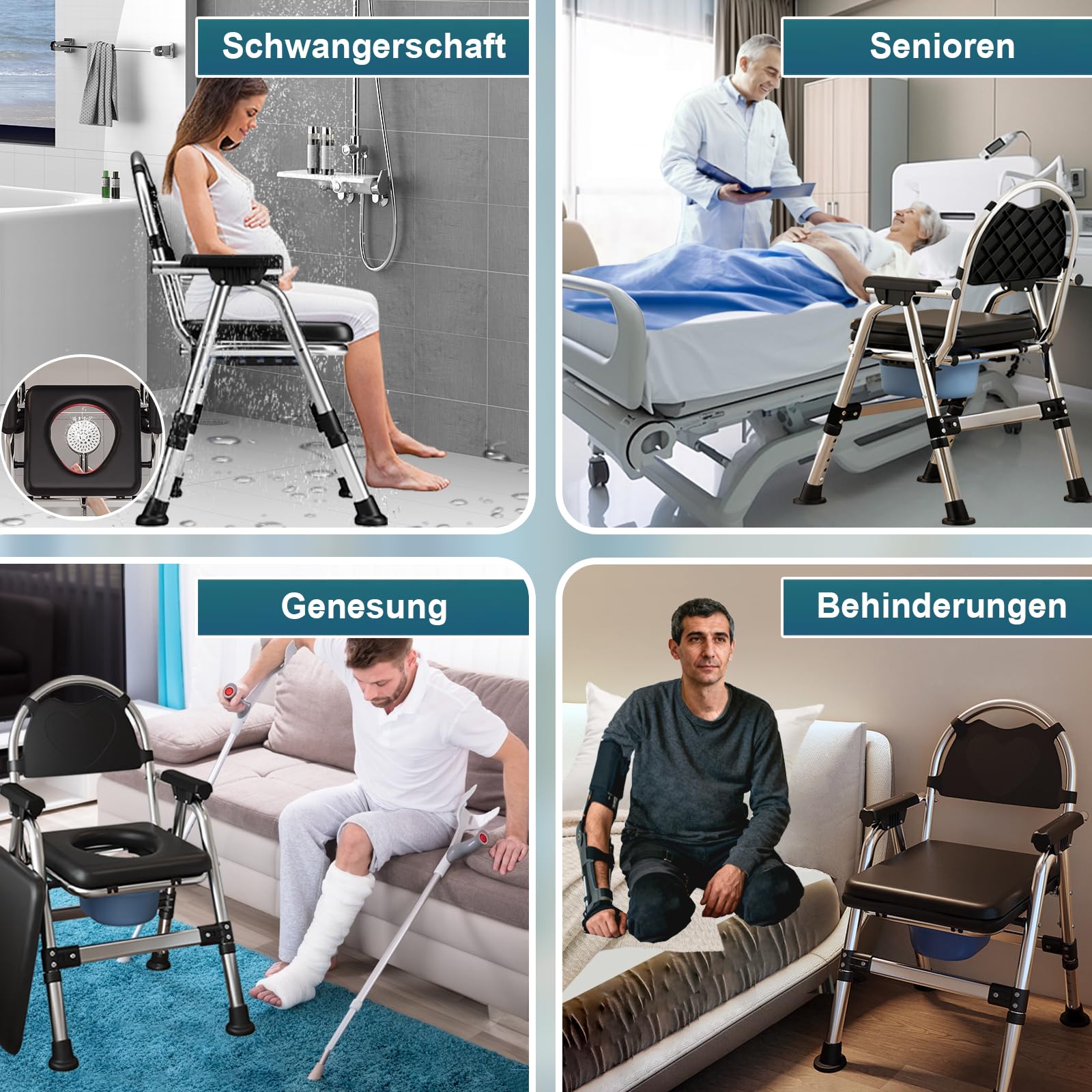 Toilettenstuhl für Senioren Klappbar, Höhenverstellbar Toilettenstühle Duschstuhl mit Toiletteneimer & Doppelkissen, Bequem Rutschfest WC Stuhl Nachtstuhl bis 200kg für Behinderte Schwangere (Schwarz)