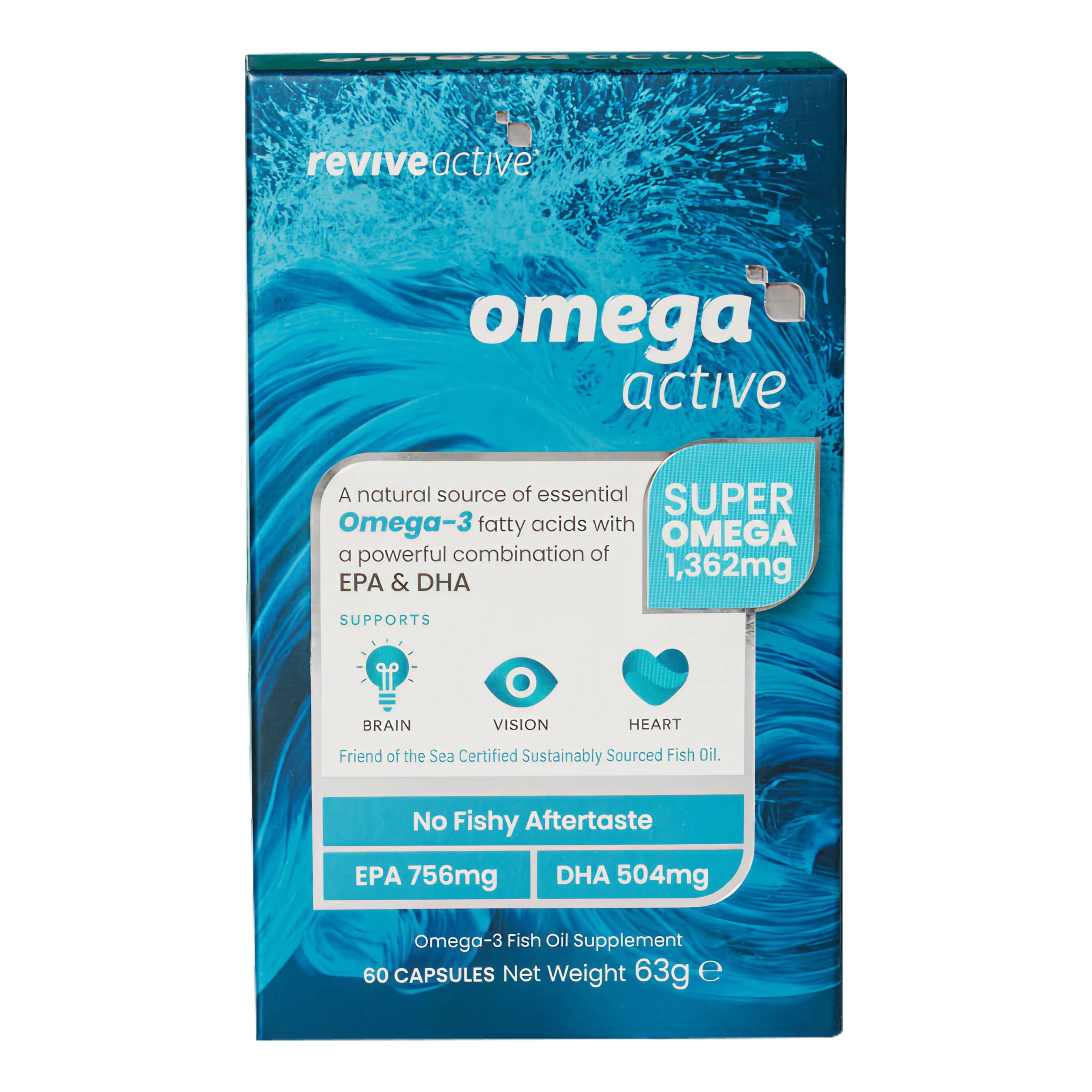 Revive Active Omega 3 Capsules High Strength - Omega 3 Fish Oil with EPA & DHA, No Fishy Aftertaste - Fatty Acids Supplements, Supports Brain, Vision, & Heart - 60 Capsules