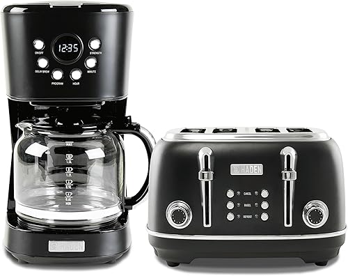 Haden Heritage - Tostadora de acero inoxidable de 4 rebanadas de ranura ancha con 12 tazas programable de café por goteo, cafetera de café, color