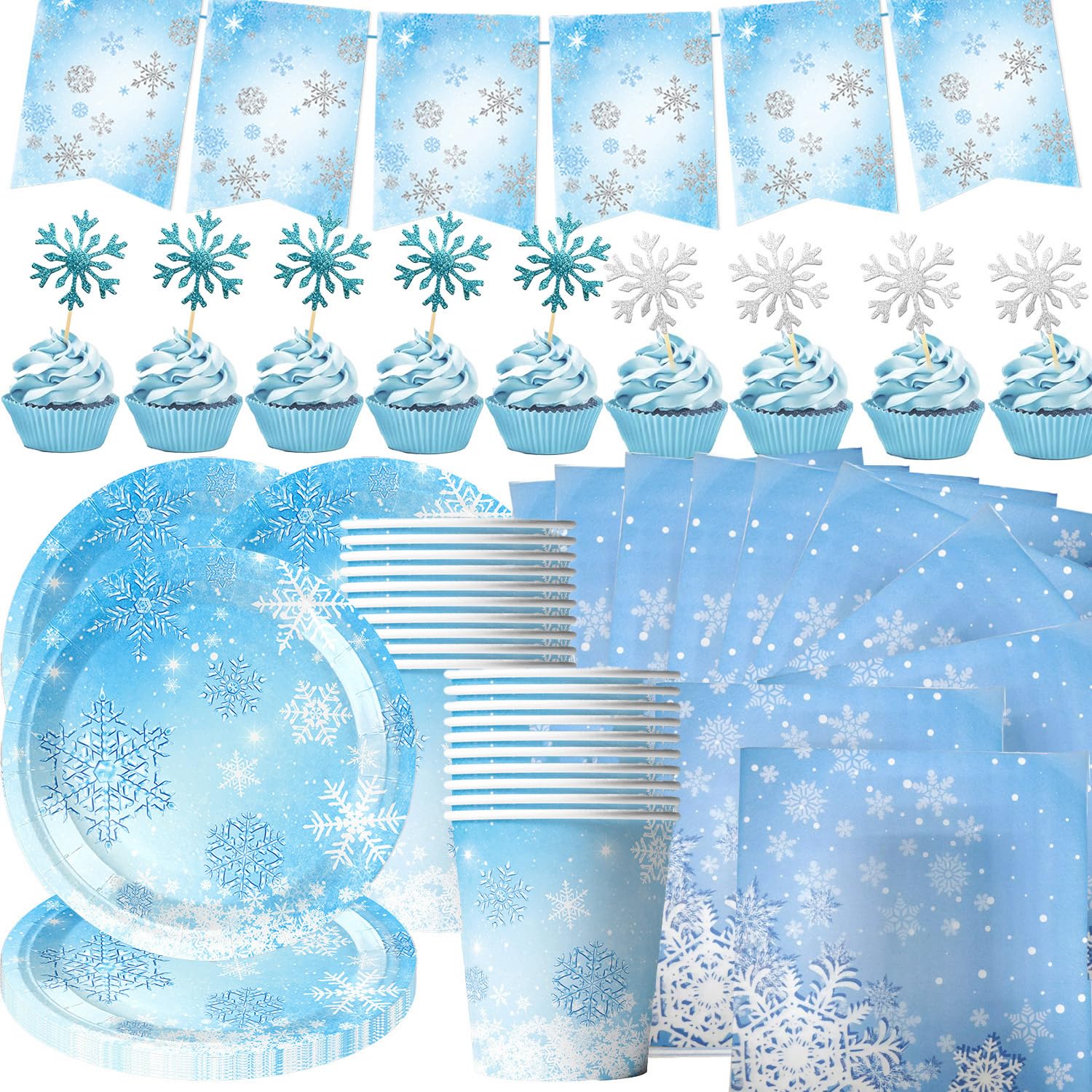 Set di 95 Stoviglie per Feste con Fiocchi di neve, Tra cui Bandiera, Piatti, Tovaglioli, Bicchieri di Carta e inserti per Fiocchi di neve, per 20 Persone