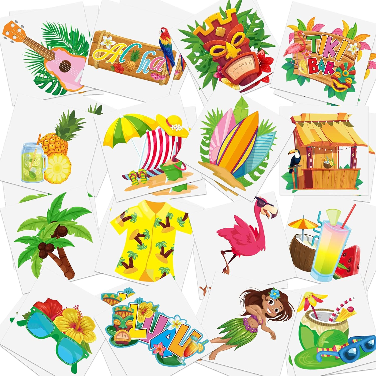 Hawaiian Themed Temporary Tattoos 144 Pieces, Waterproof, 16 Styles