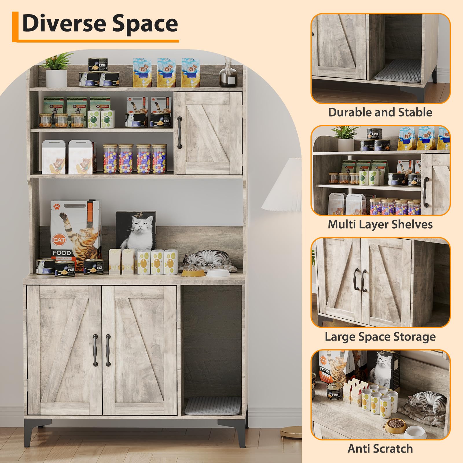 GarveeLife Katzentoiletten-Schrank mit 3 Türen, Mehrzweck-Storage-Schrank für Katzenzubehör, aus Spanplatte/MDF, grau/weiß – platzsparend & stabil