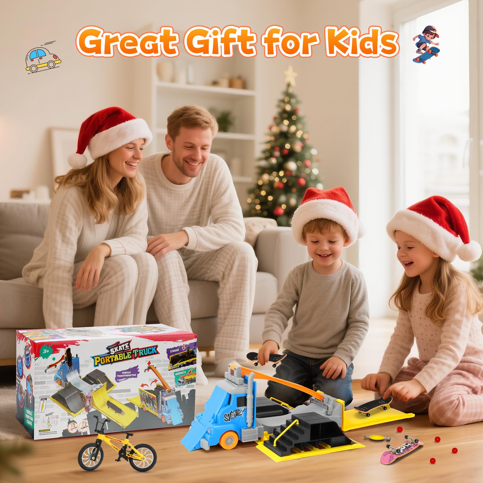 Tlater Zestawy rampy do deskorolki, 2 w 1, deskorolki, zabawki z rampami do deskorolki, 3 podstrunnicami, 1 mini rower na palec i do przechowywania, kreatywne prezenty dla chłopców i dziewcząt w wieku