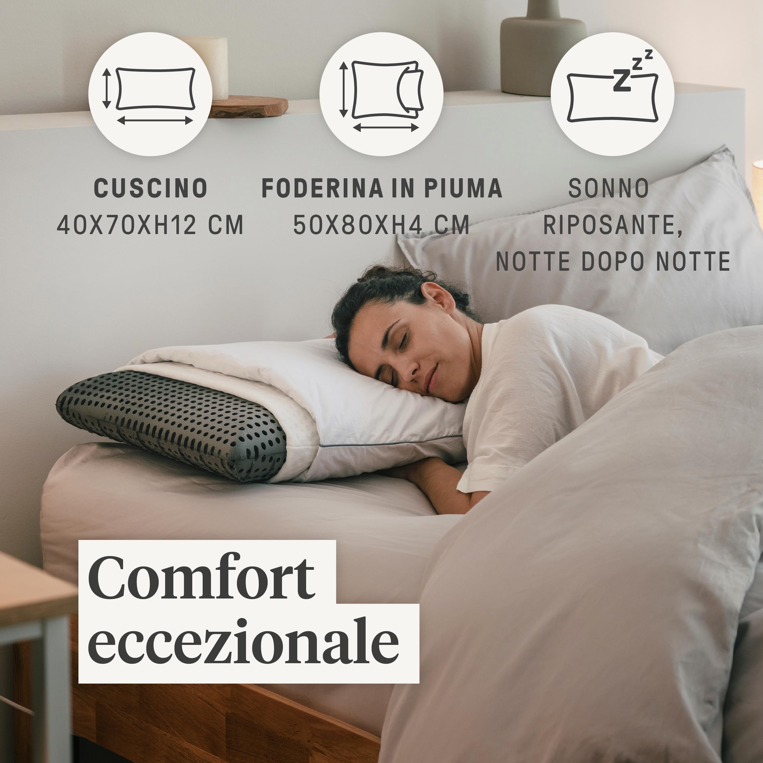 DREAMIN*101 - Cuscino Memory Foam Traforato 40x70 Extra Traspirante Ergonomico Alto 12cm + Federa Cuscino 50x80 Imbottita in 100% Piumino Naturale con Zip, Guanciale + Copricuscino Letto Made in Italy