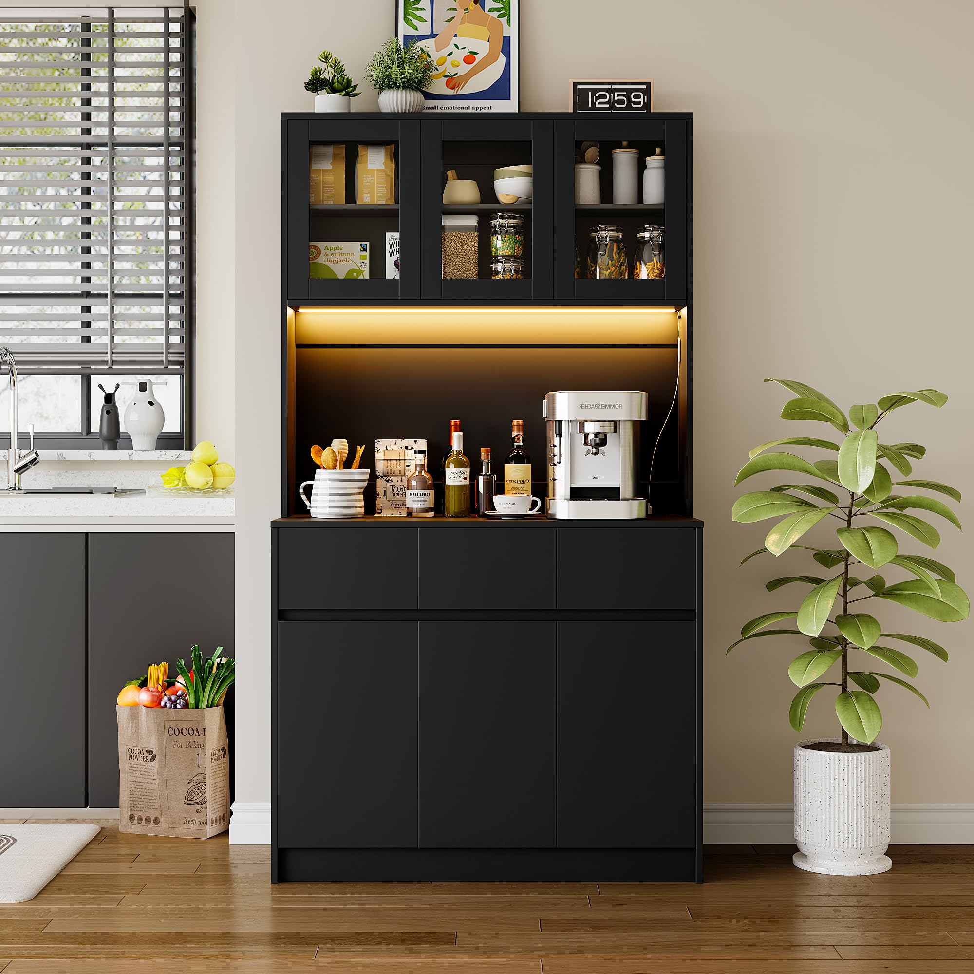 Küchenschrank Buffetschrank mit L-E-D Sideboard für Küche mit Ladestation,Hochschrank mit Arbeitsplatte und 3 Schubladen Küchenbuffet mit Verstellbares Regal für Esszimmer