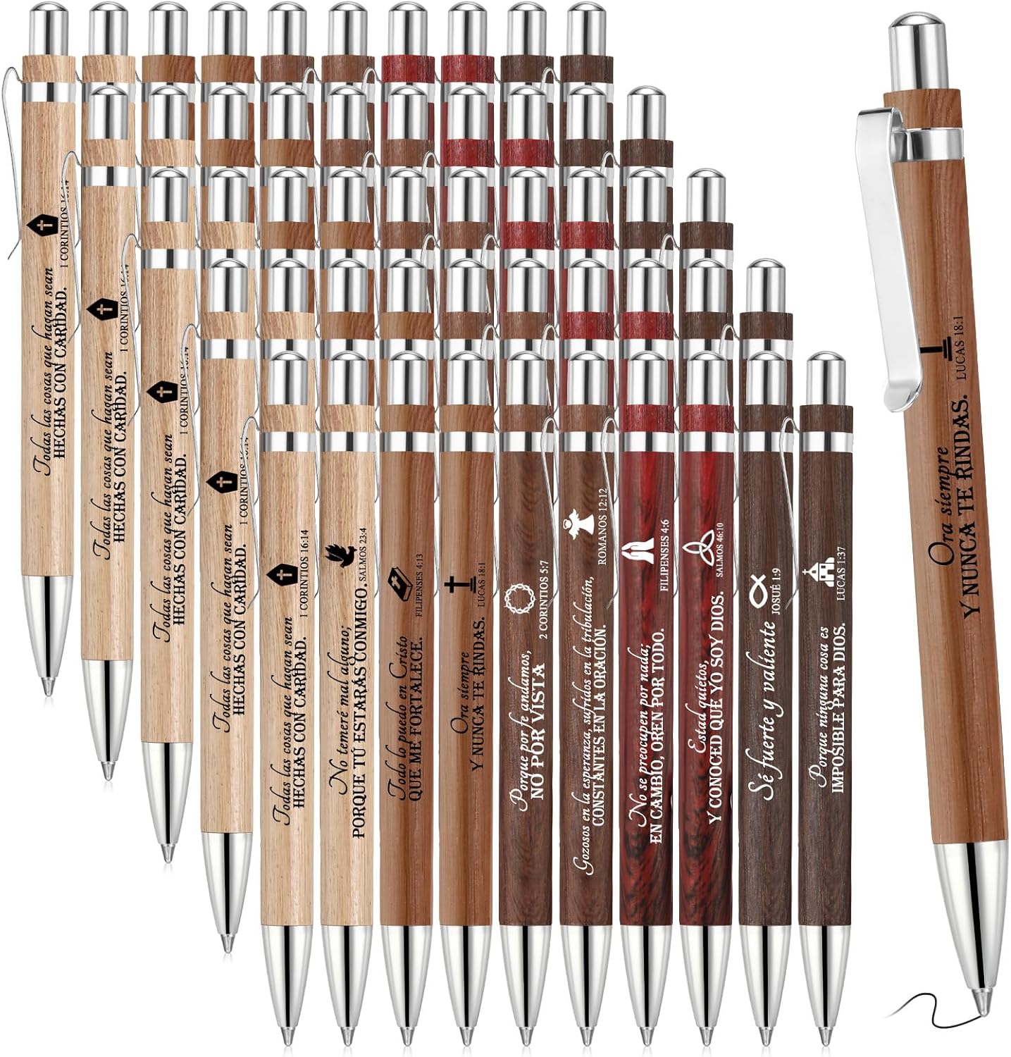Fumete 50 Pcs Mothers Day Gifts Christian Bible Verse Bamboo Pen Wooden Inspirational Quotes Ballpoint Pen Bulk Religious Church Gifts for Women Graduation Pastor Teacher(Brown,Spanish)